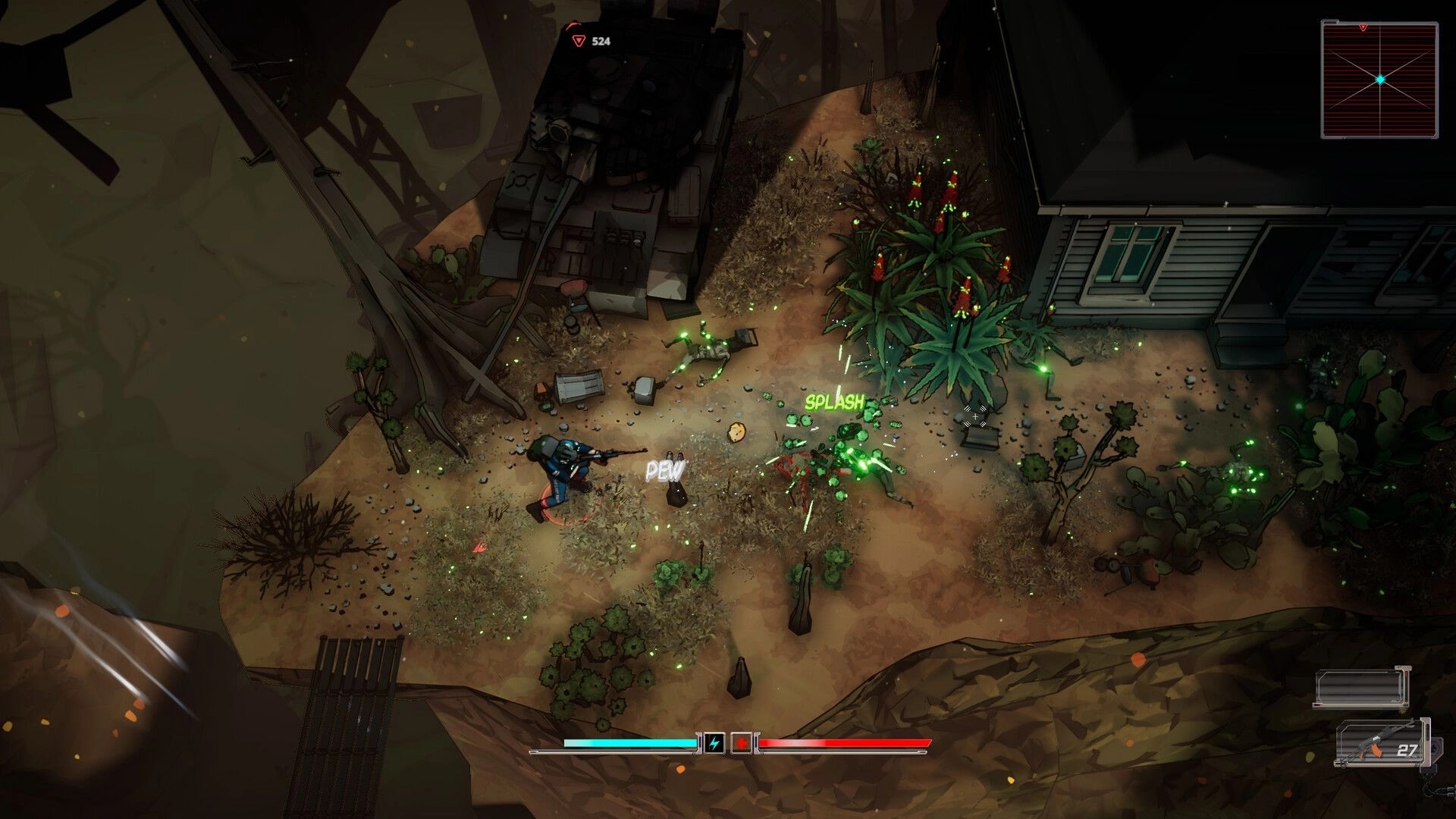 Terminal Earth: Player in combat with green creatures outside a dilapidated building in a desert setting