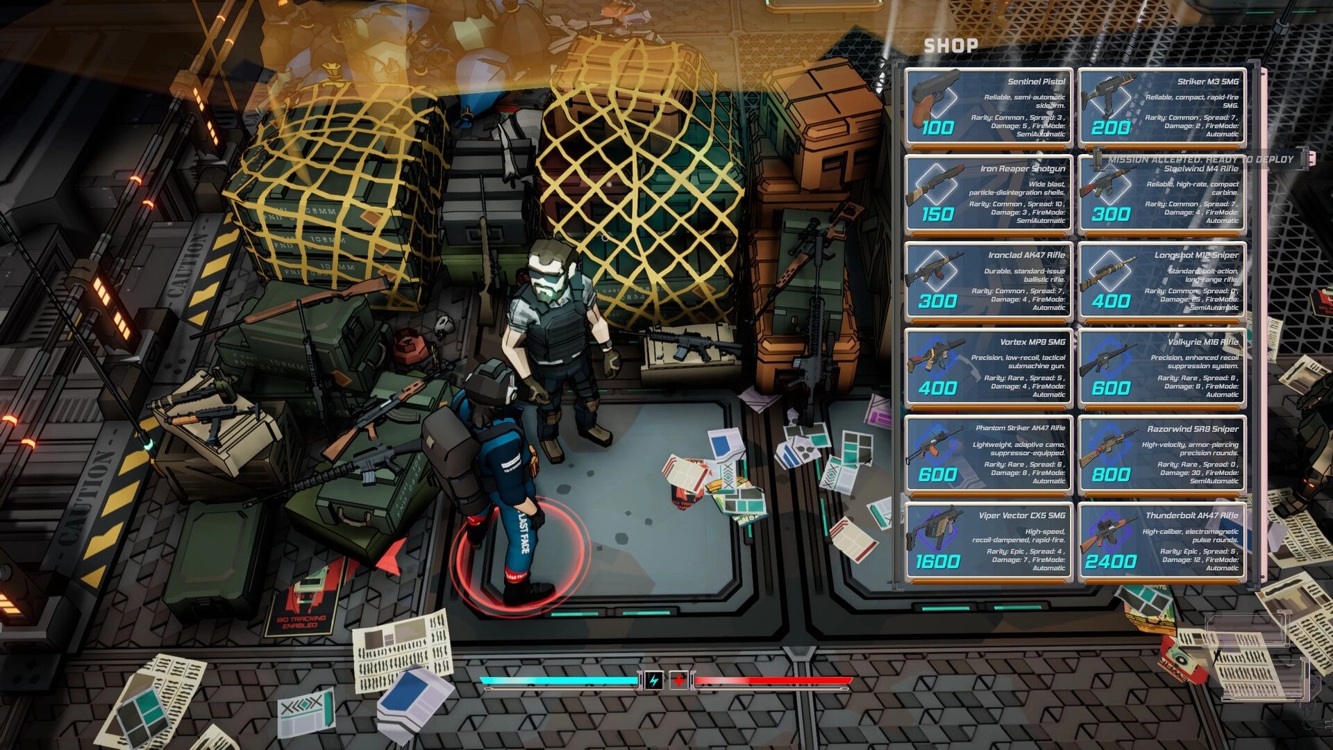 Terminal Earth: Player interacts with shop vendor amidst cluttered storage, weapon selection visible