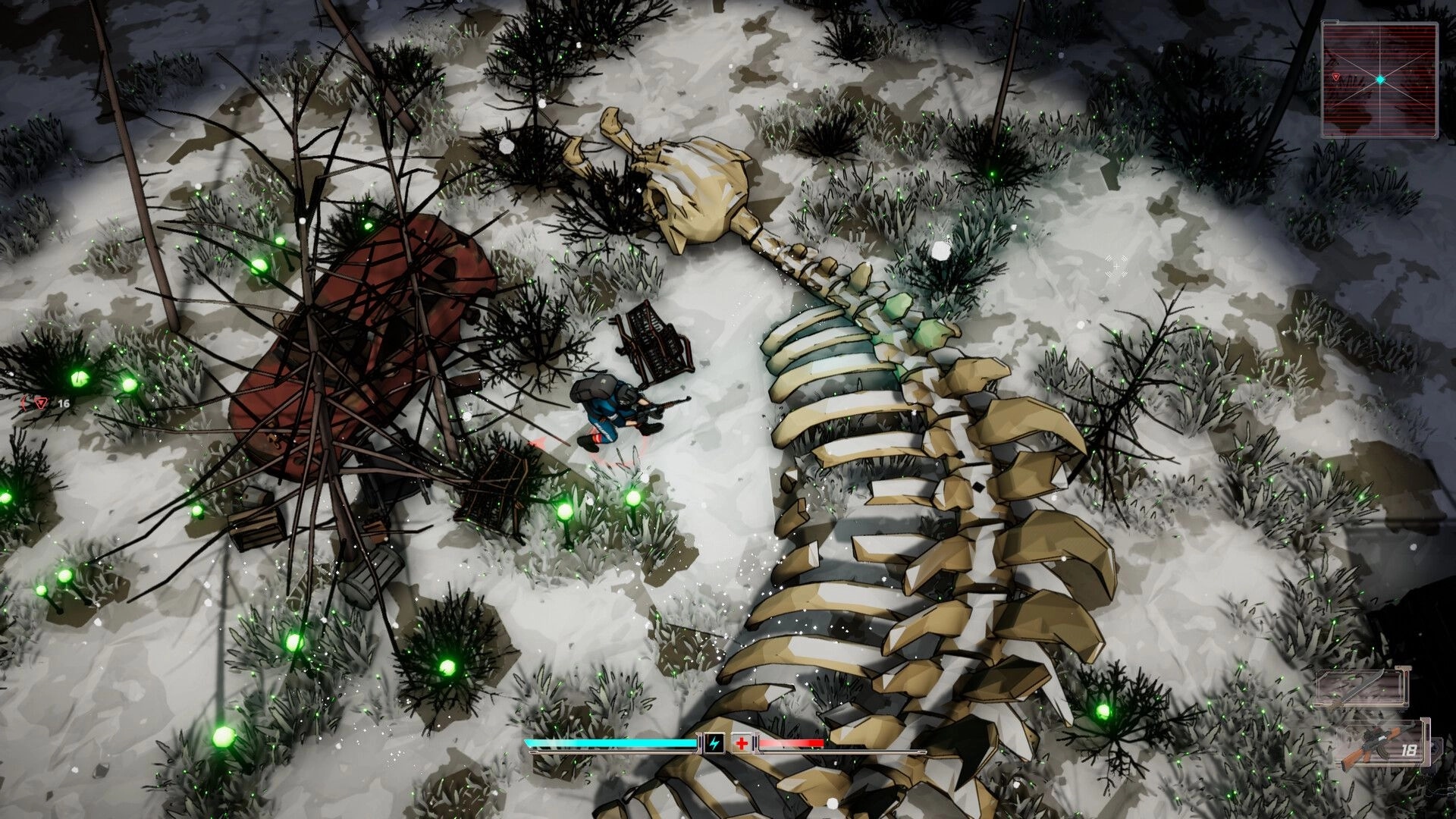 Terminal Earth: Player scavenges near a giant skeleton in a snowy forest with scattered resources.