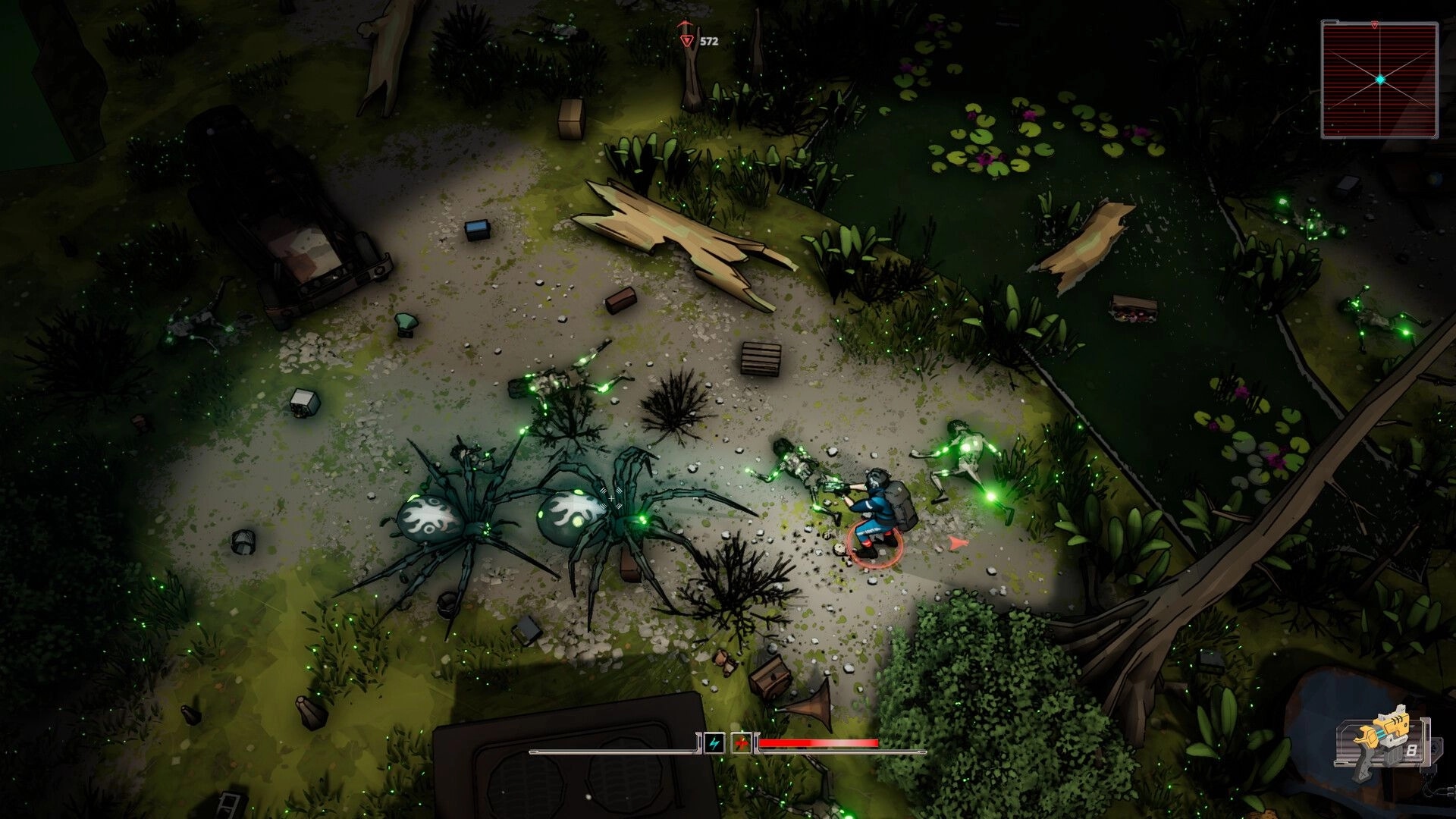 Terminal Earth: Player battling giant spiders in a forest clearing with scattered debris and a pond nearby.