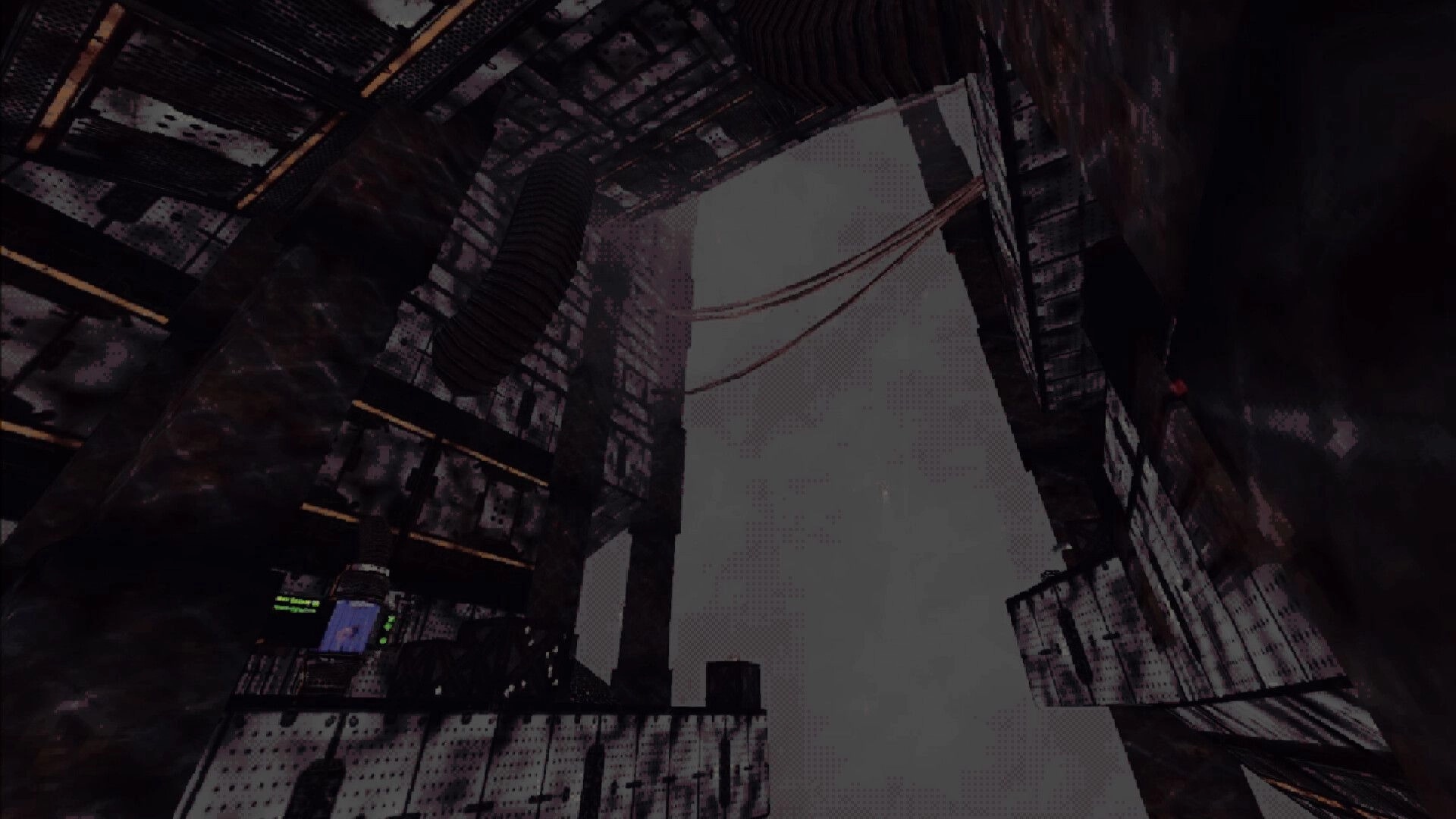 Terminal Mass: Overhead view of massive concrete structures with cables in a foggy industrial environment