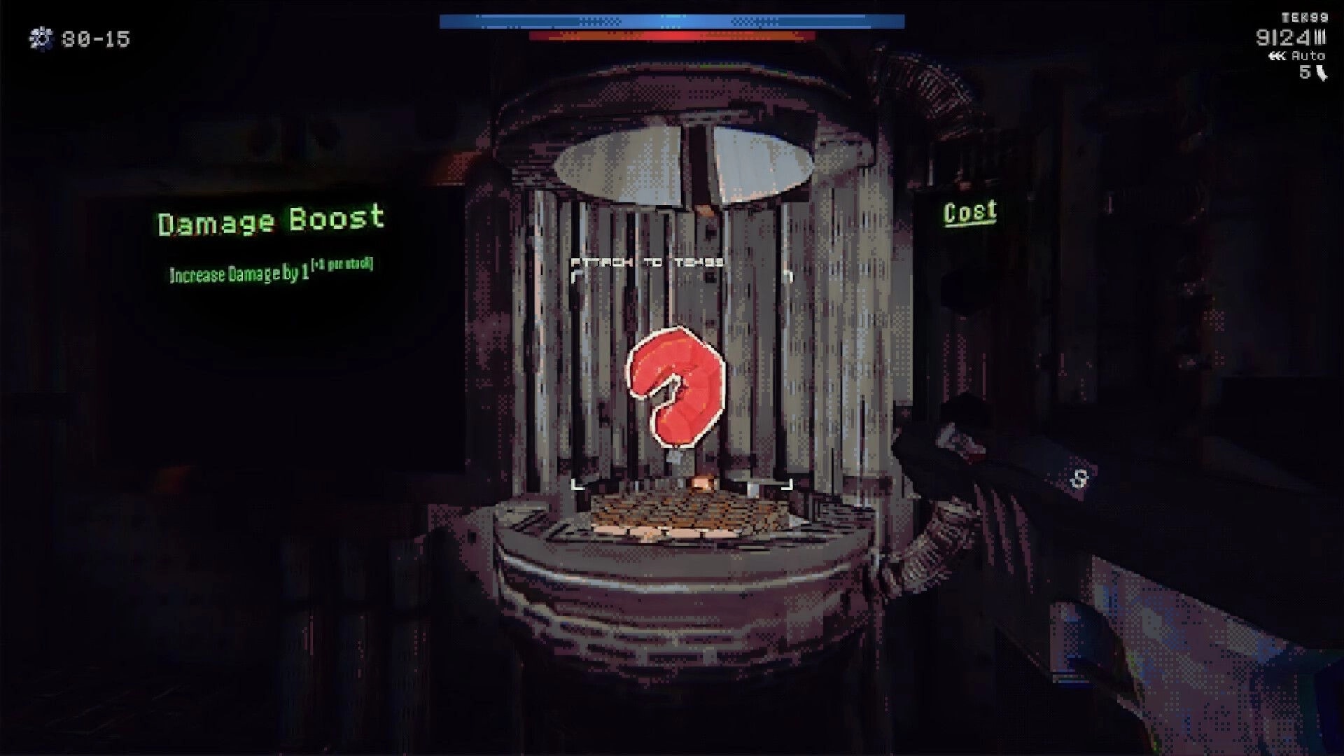 Terminal Mass: Player upgrades weapon damage at a machine interface in a dimly lit industrial setting.