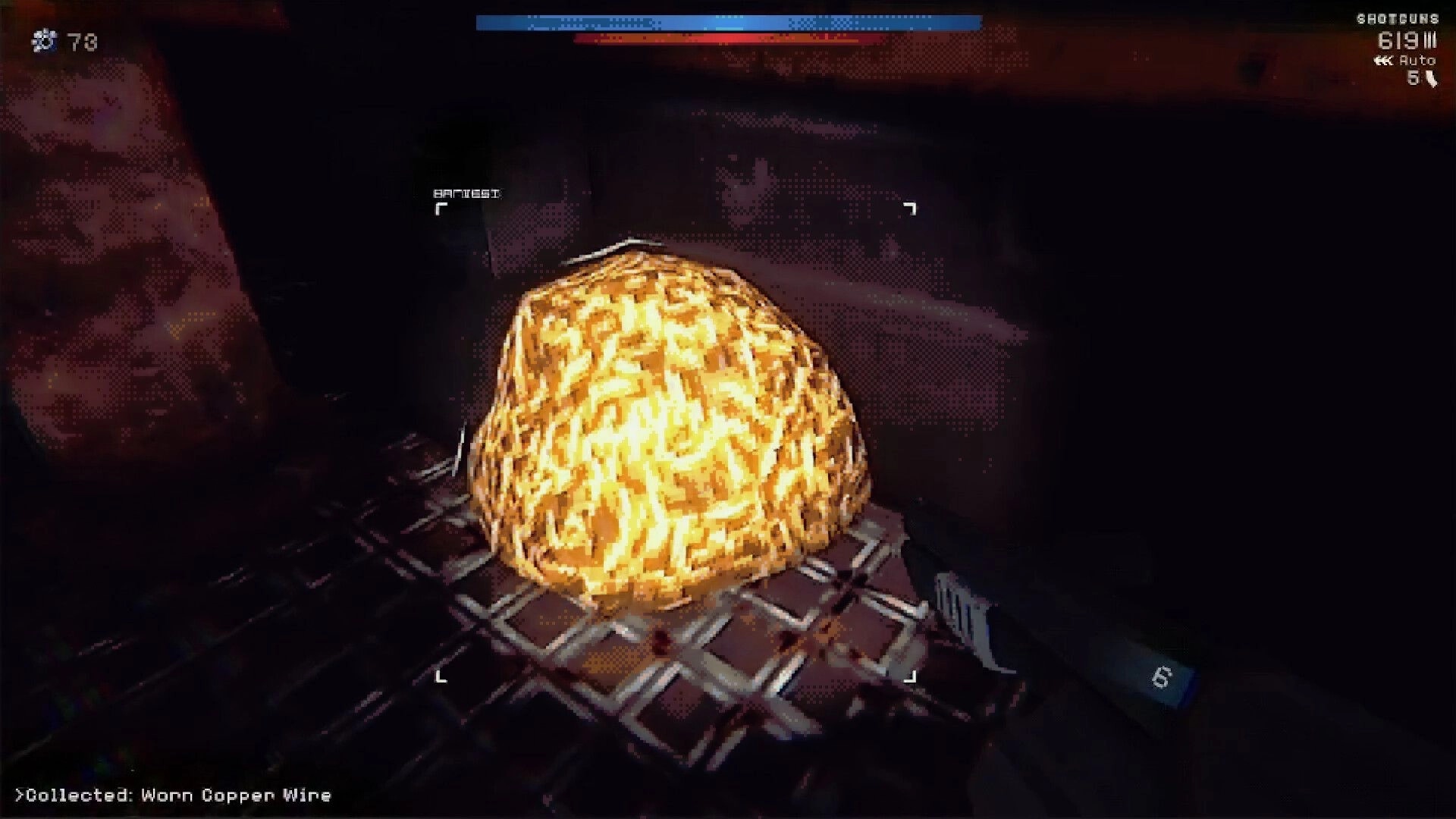 Terminal Mass: Glowing artifact collection in dark concrete chamber with UI displaying ammo and health