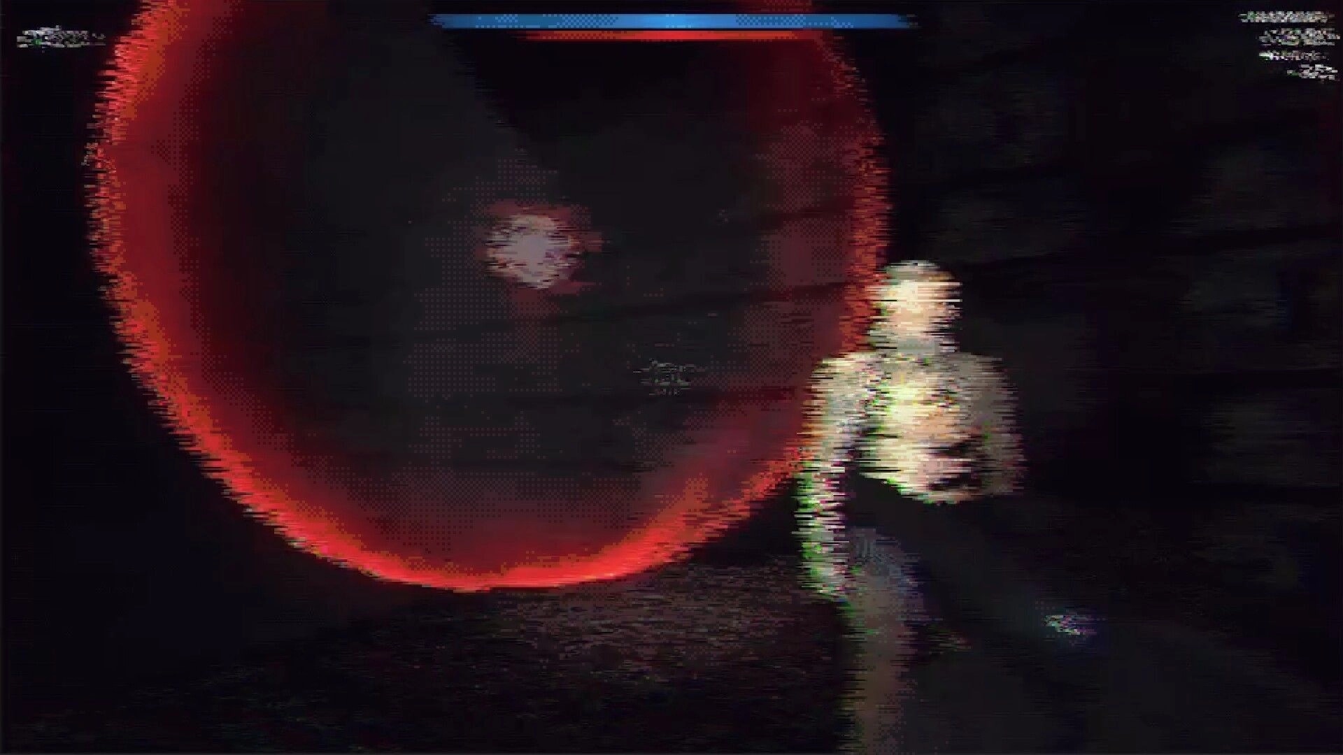 Terminal Mass: Player confronting glowing red anomaly in dark room with health bar visible