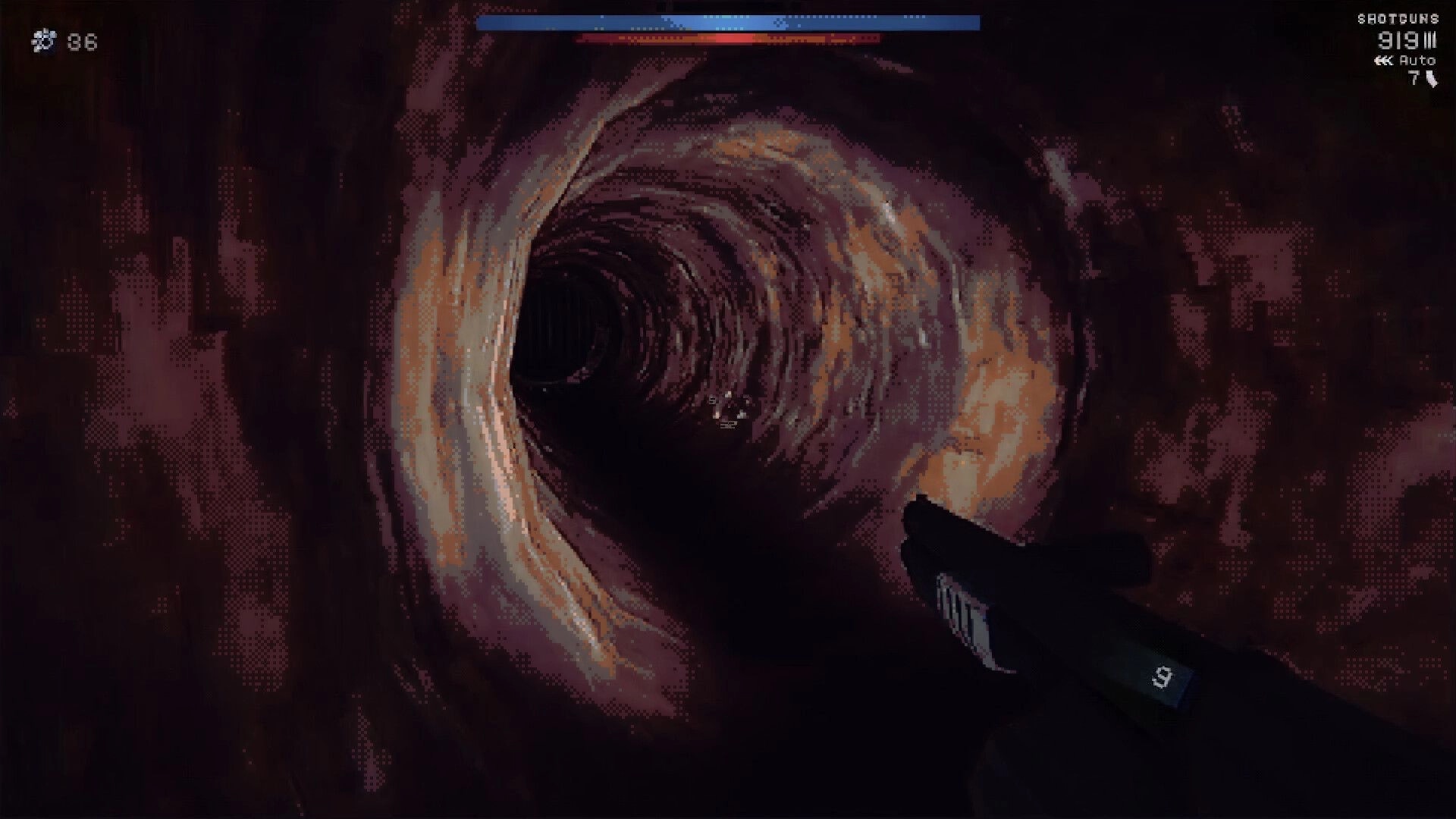 Terminal Mass: Exploring narrow tunnel with shotgun equipped, health and ammo displayed in UI