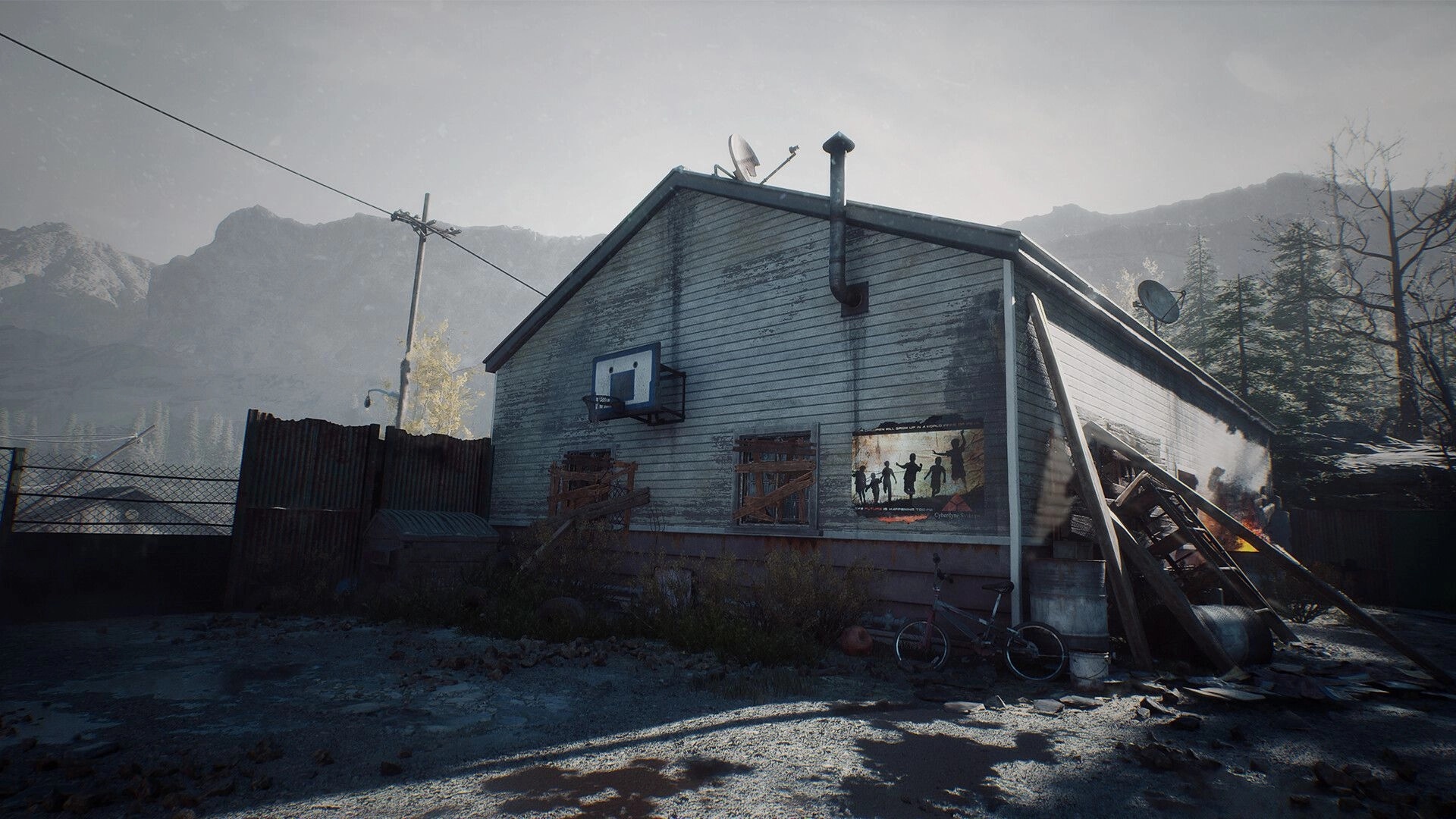 Terminator: Abandoned boarded-up gym building with hoop and bike in a misty mountain town outskirts.