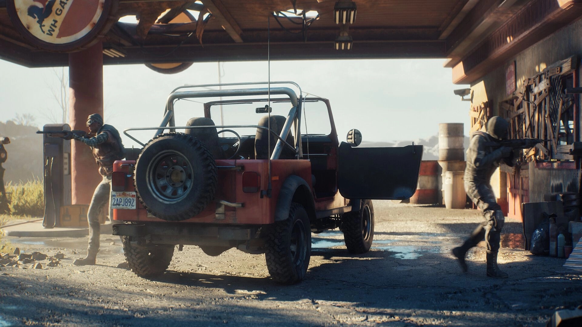 Terminator: Armed survivors take cover by a jeep at a dusty gas station with open doors.