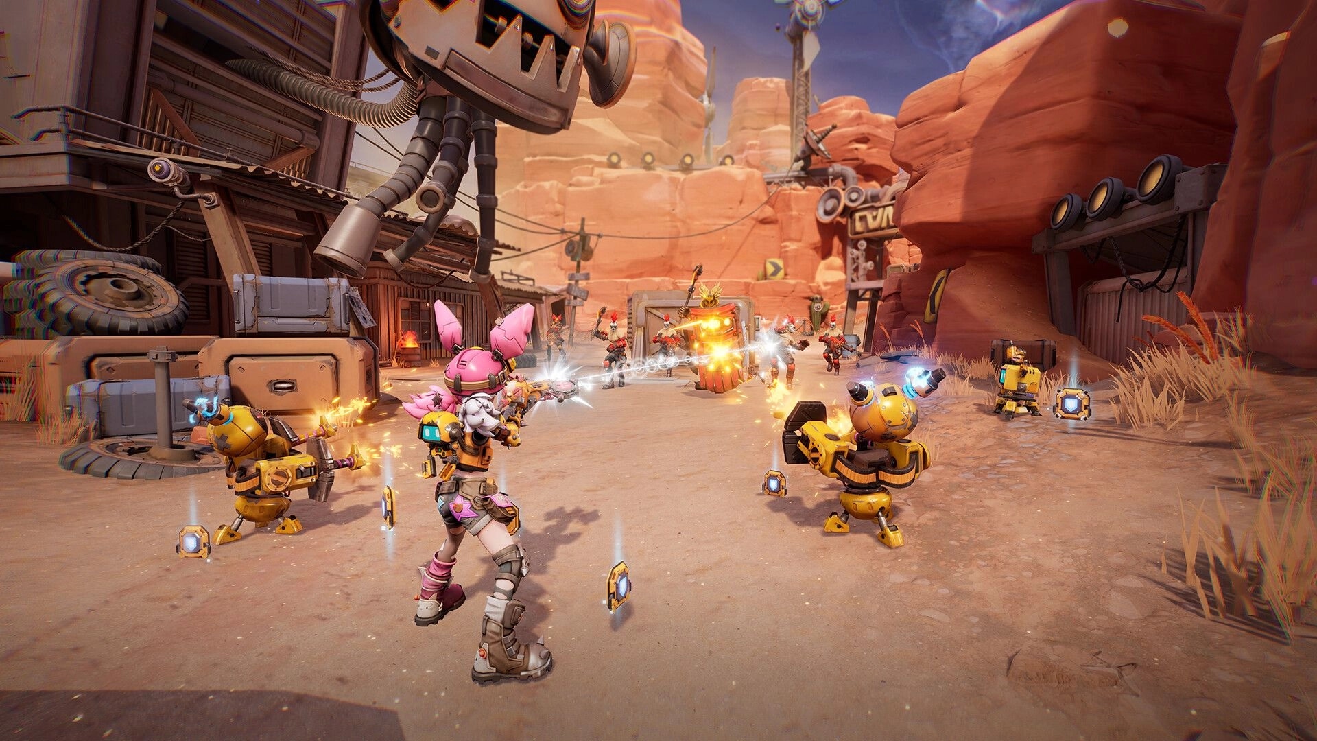 Terminull Brigade™: Player and robots engage in combat against enemies in a desert canyon setting