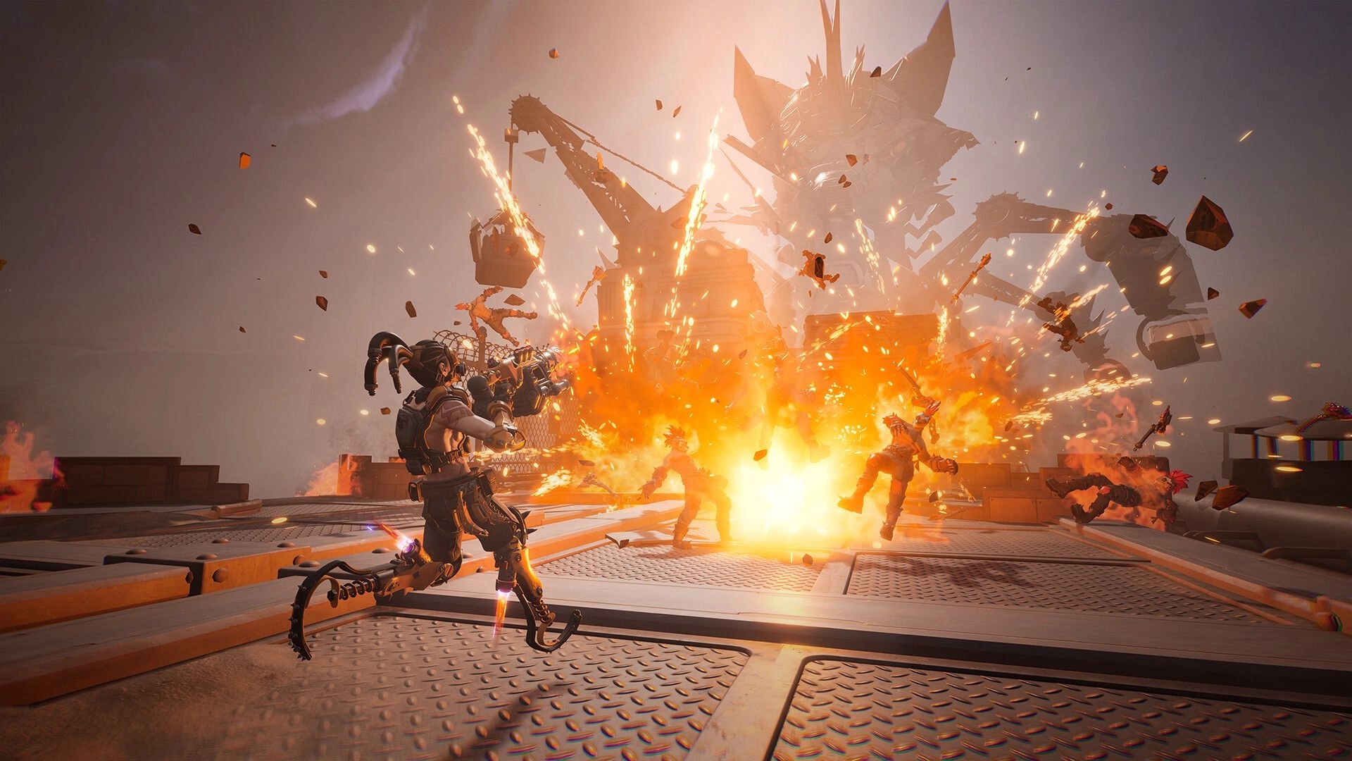 Terminull Brigade™: Intense combat with explosions and enemies on an industrial platform with giant robot.