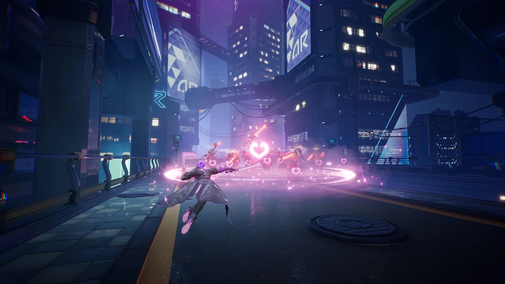 Terminull Brigade™: Player using energy attack against robotic enemies in neon-lit futuristic cityscape
