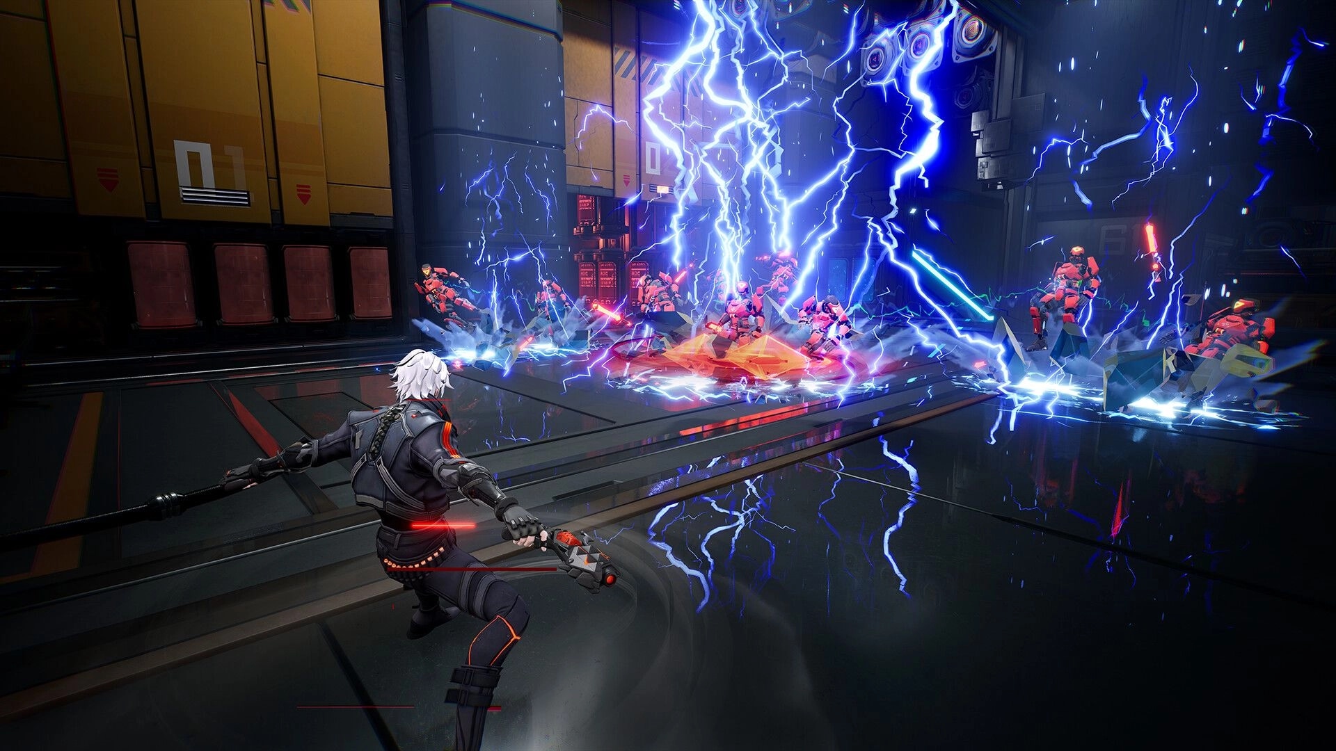 Terminull Brigade™: Rogue character unleashes lightning attack on robotic foes in high-tech facility.