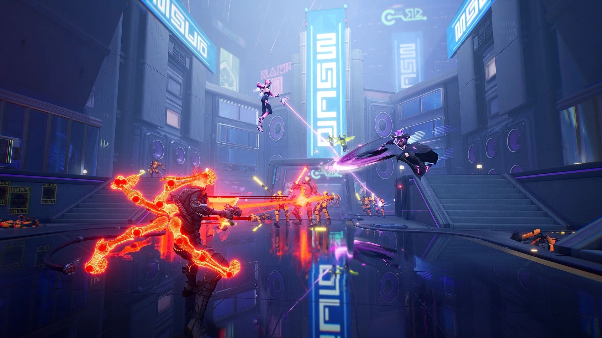 Terminull Brigade™: Intense combat with glowing enemies and players leaping in a futuristic arena setting.