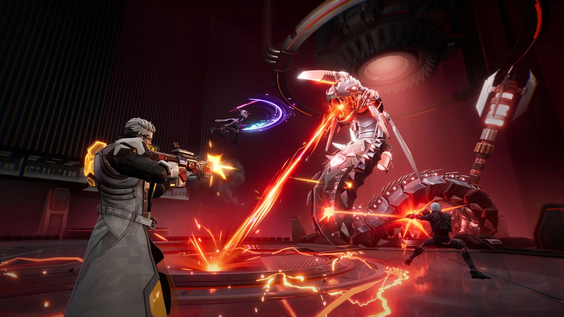 Terminull Brigade™: Intense battle against a giant robotic creature in a futuristic arena setting