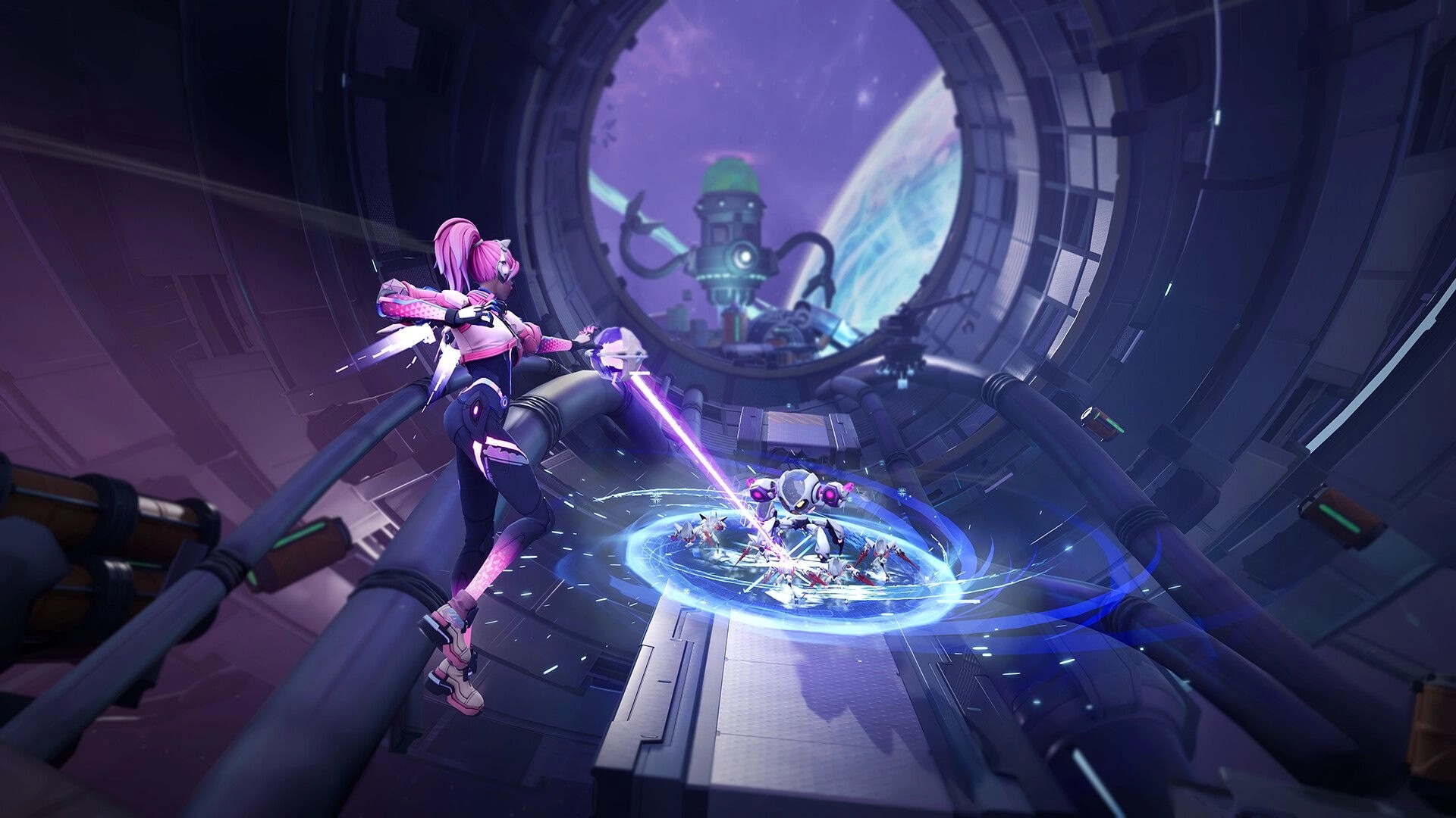 Terminull Brigade™: Dynamic combat scene with two characters battling in a futuristic space station.