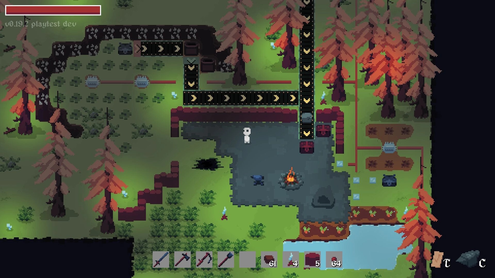 Terrafactor: Character near campfire with conveyor belts in a forest clearing, inventory UI visible