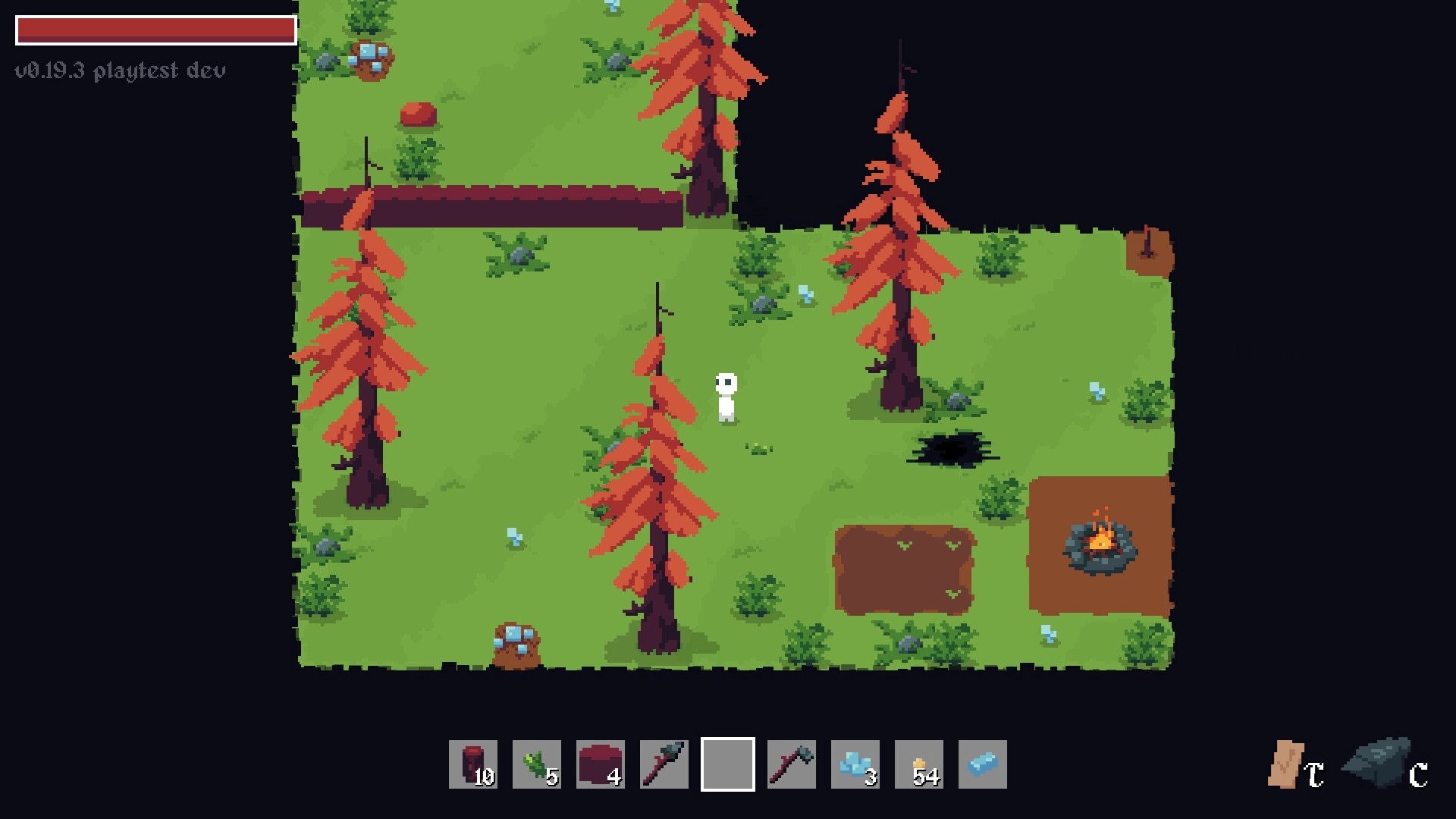 Terrafactor: Small character explores forest clearing with campfire, inventory bar at bottom of screen.
