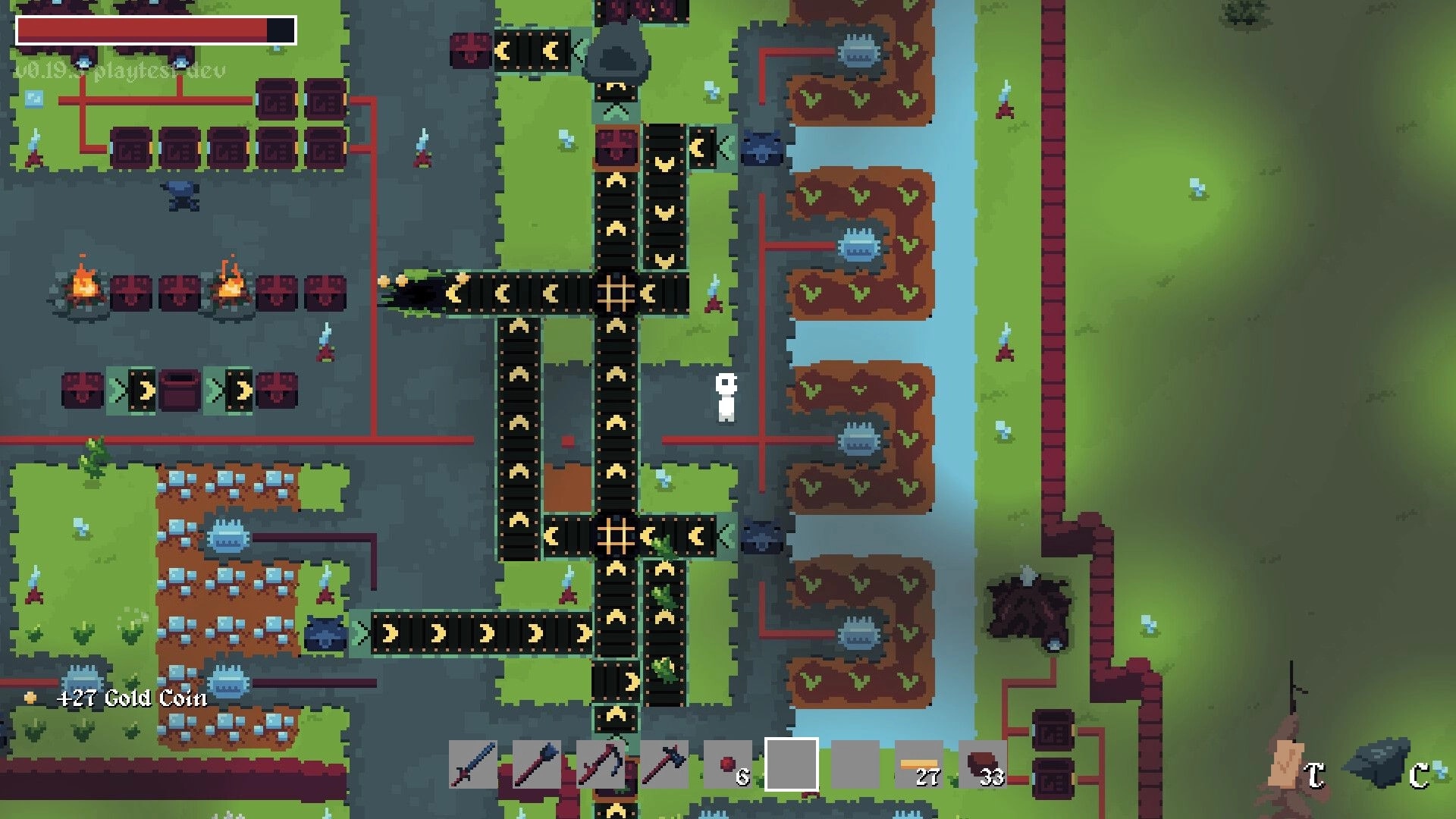 Terrafactor: Character navigates conveyor belts and machinery in a structured base with resource fields.