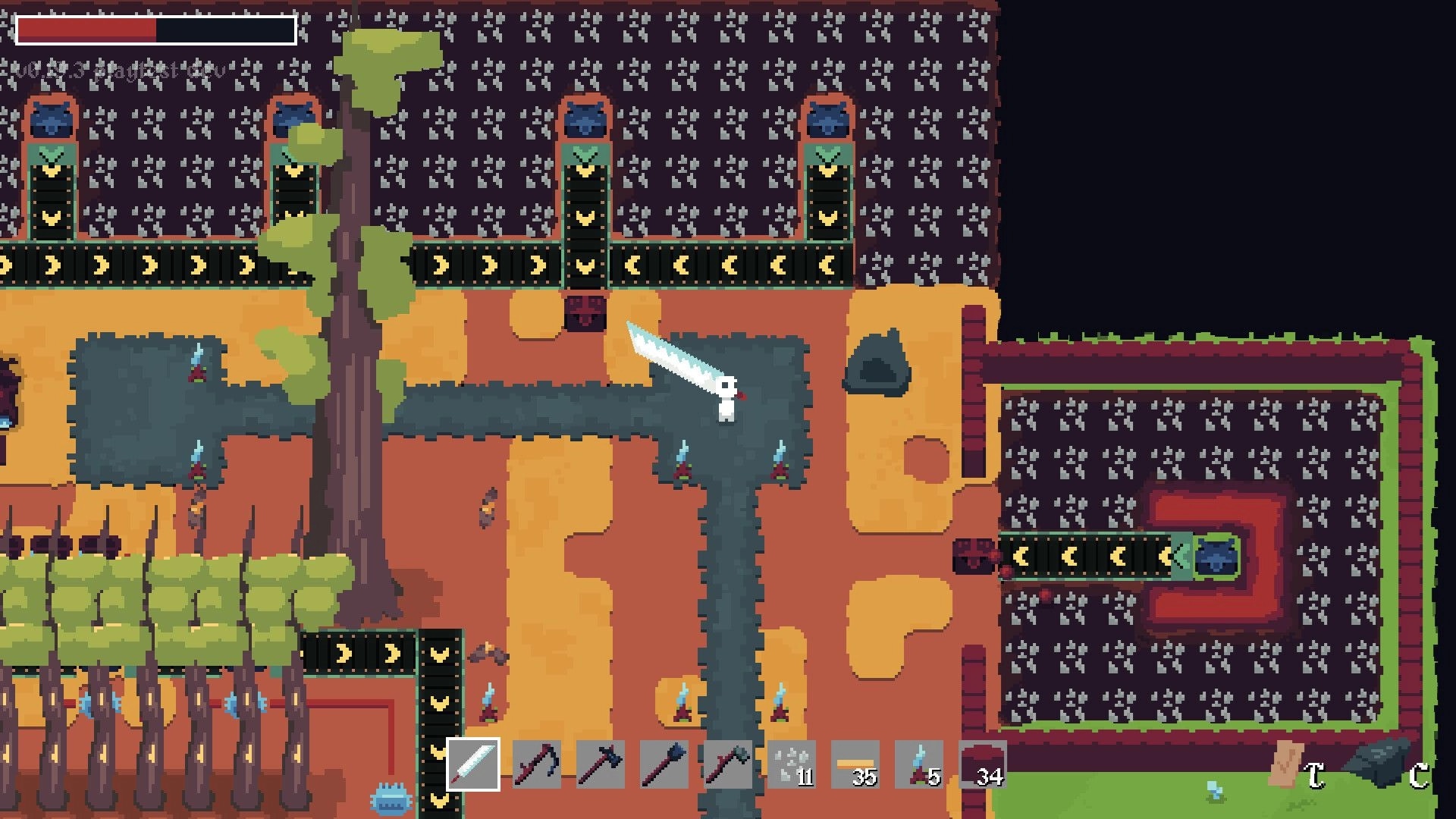 Terrafactor: Character wielding sword on a dirt path surrounded by trees and conveyor belts