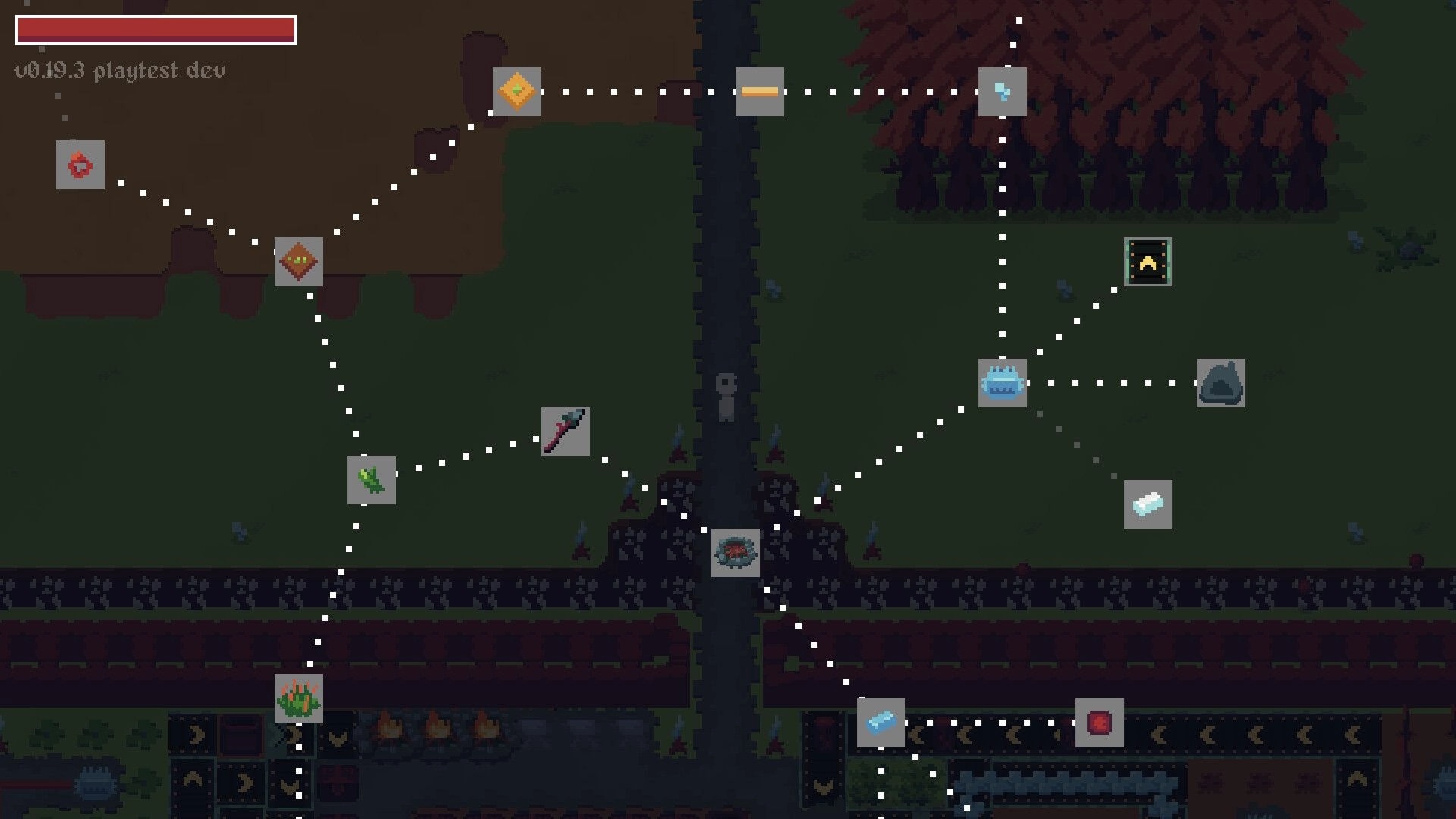 Terrafactor: Central character at tech tree crossroads with various resource icons in forest setting.