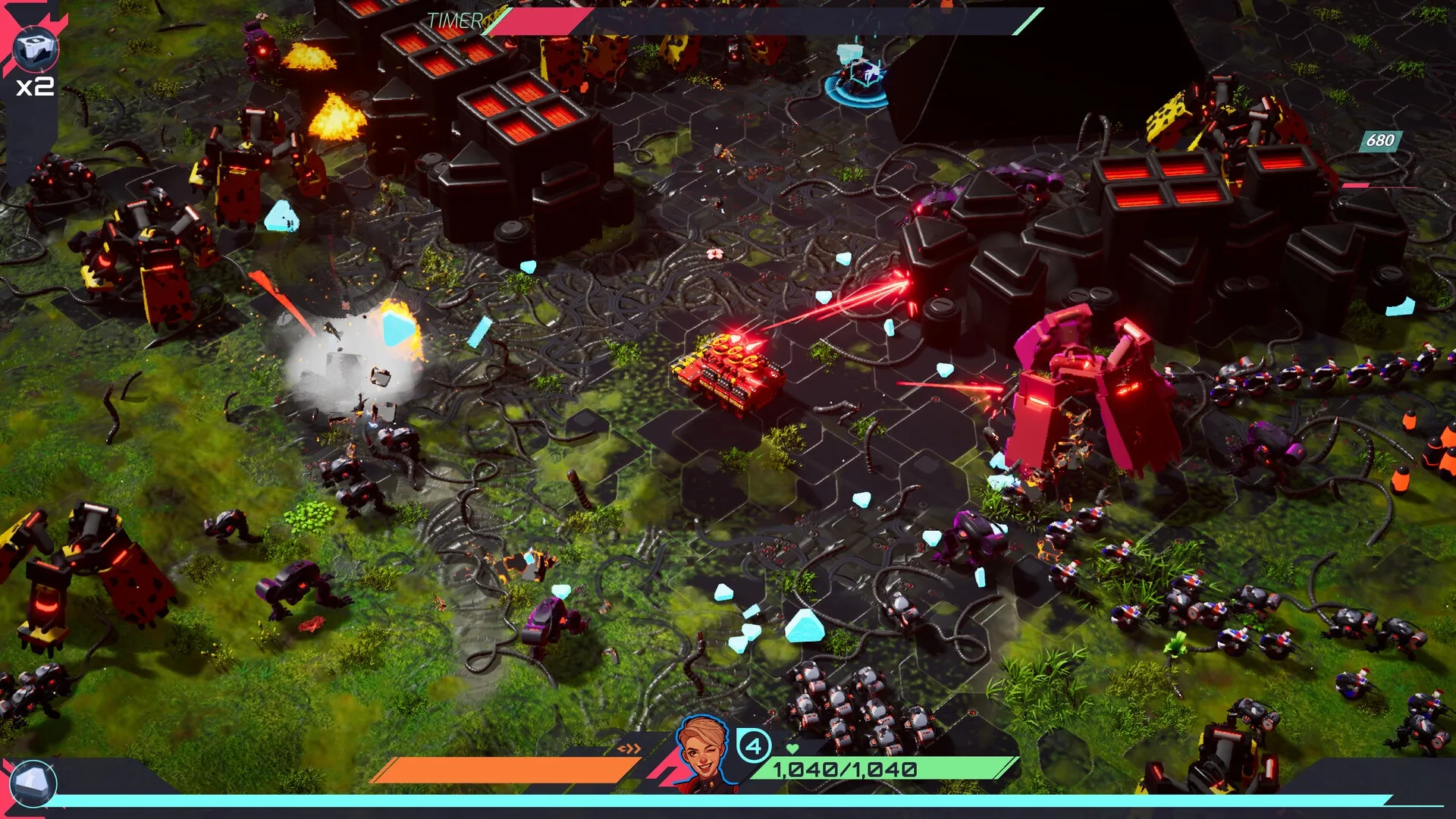 TerraTech Legion: Vehicle battles robotic foes with lasers in a lush, overgrown battlefield environment