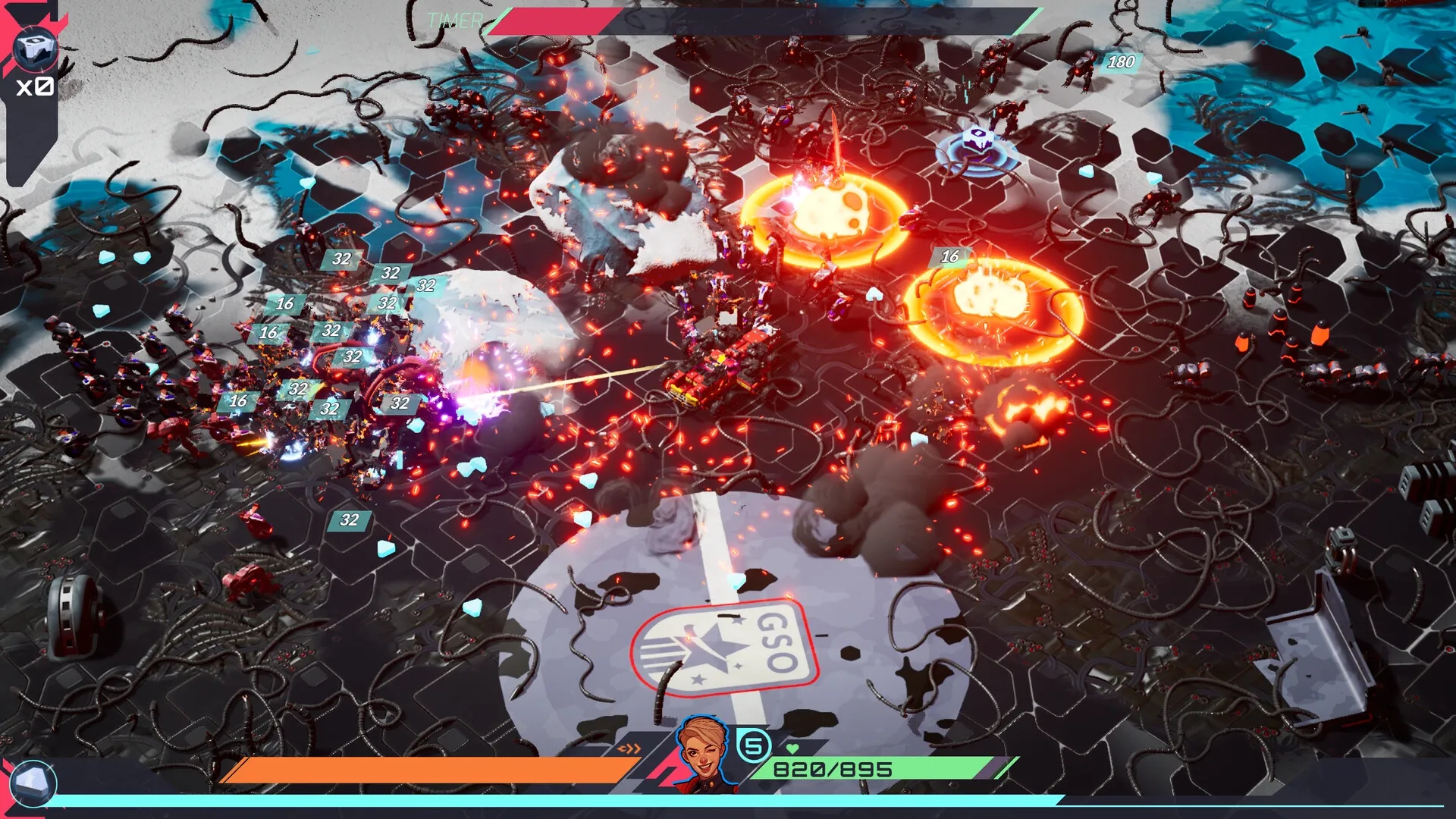 TerraTech Legion: Player vehicle battling robots and explosions in a hexagonal, snowy battlefield.