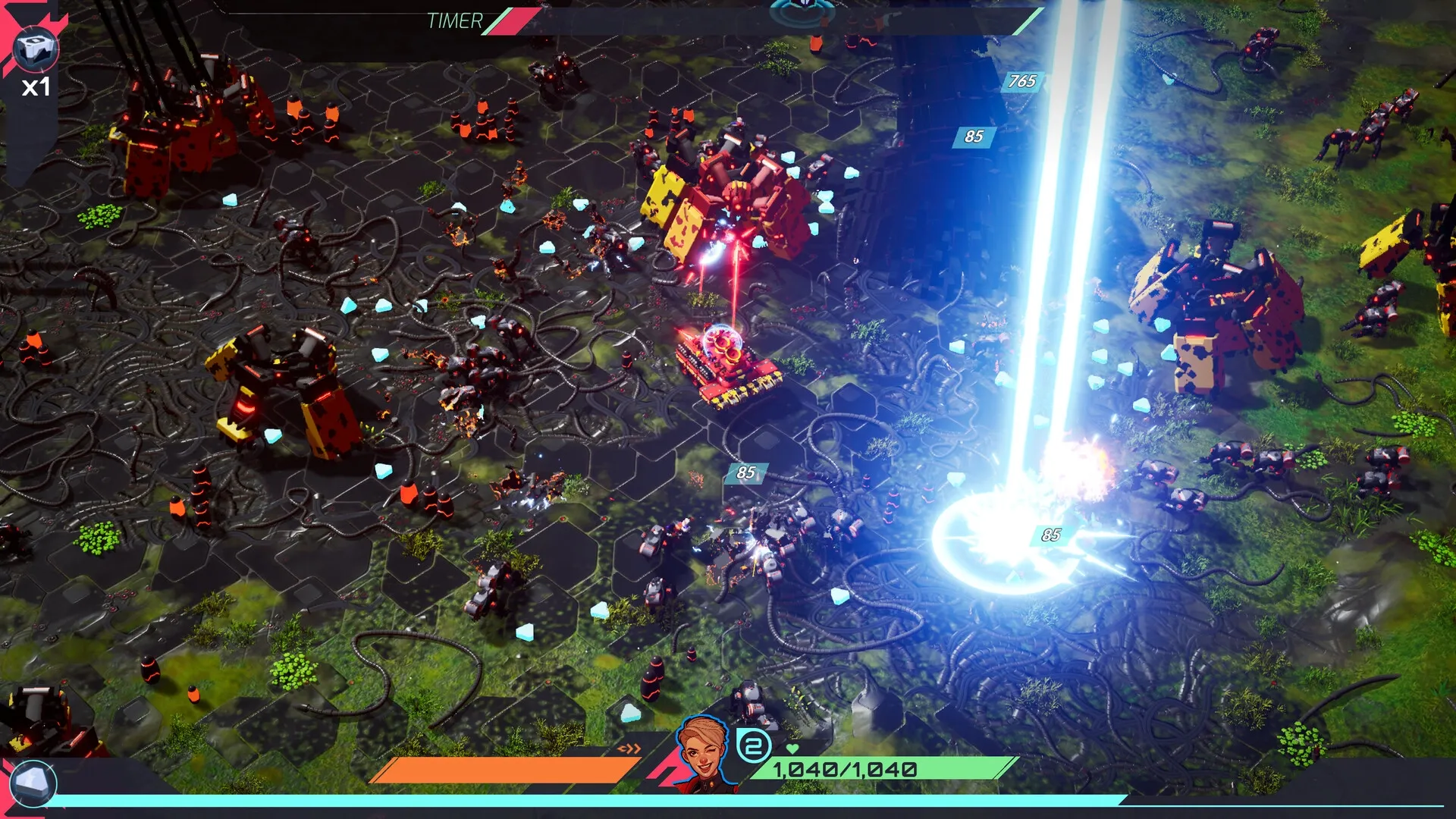 TerraTech Legion: Battle vehicle firing lasers at robotic enemies in a lush, chaotic battlefield environment