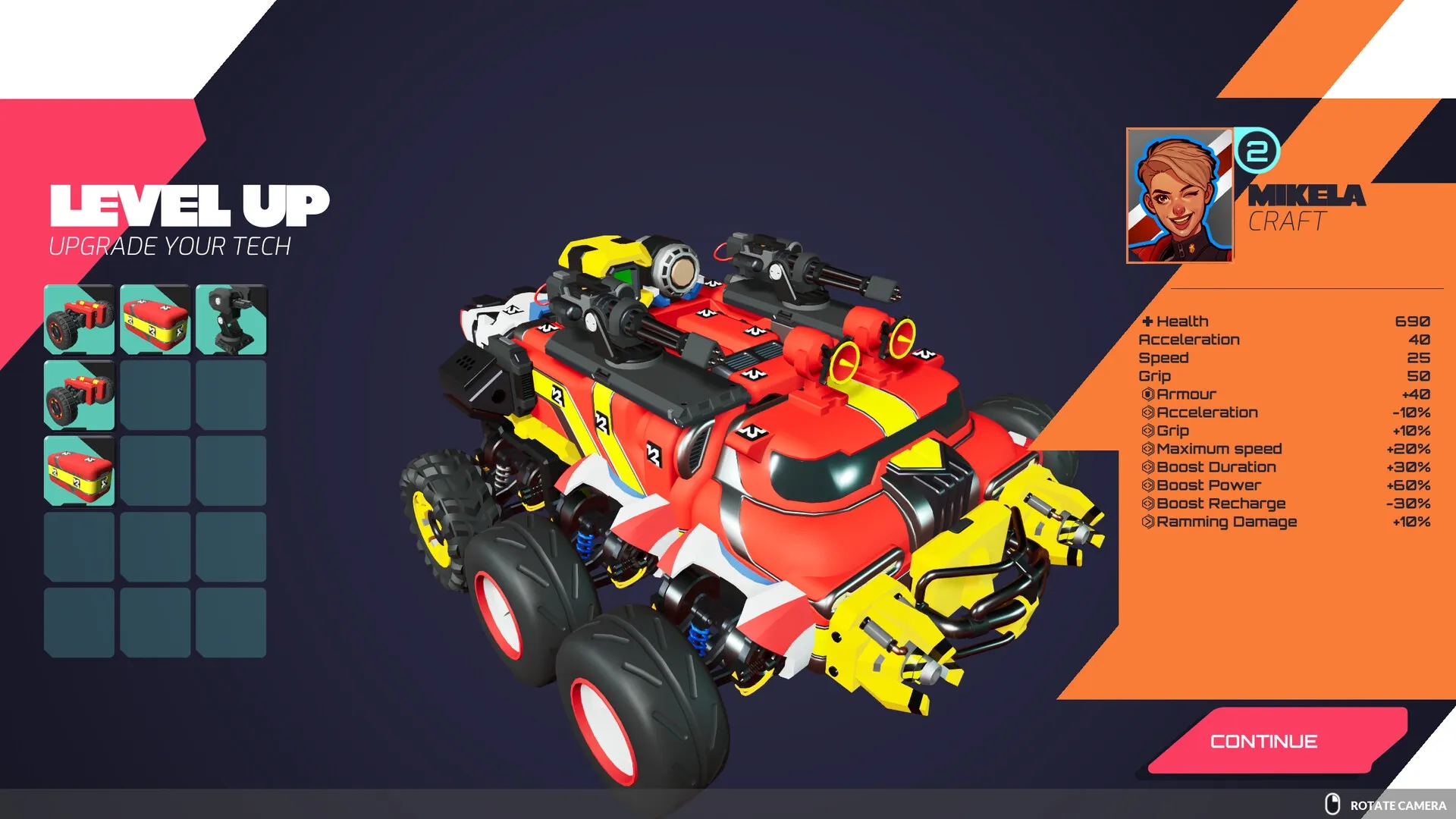 TerraTech Legion: Vehicle upgrade screen with stats, parts inventory, and character Mikela on display.