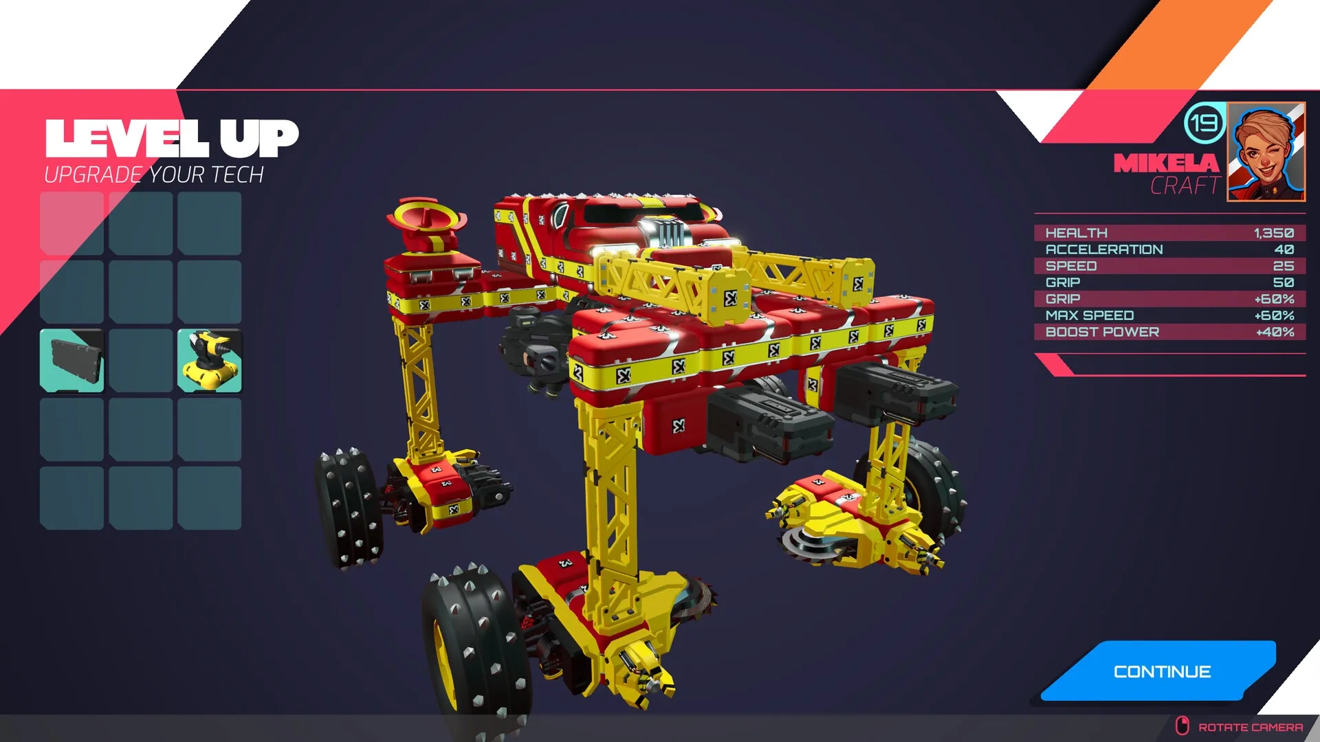 TerraTech Legion: Vehicle upgrade screen with customizable parts and Mikela's stats on display