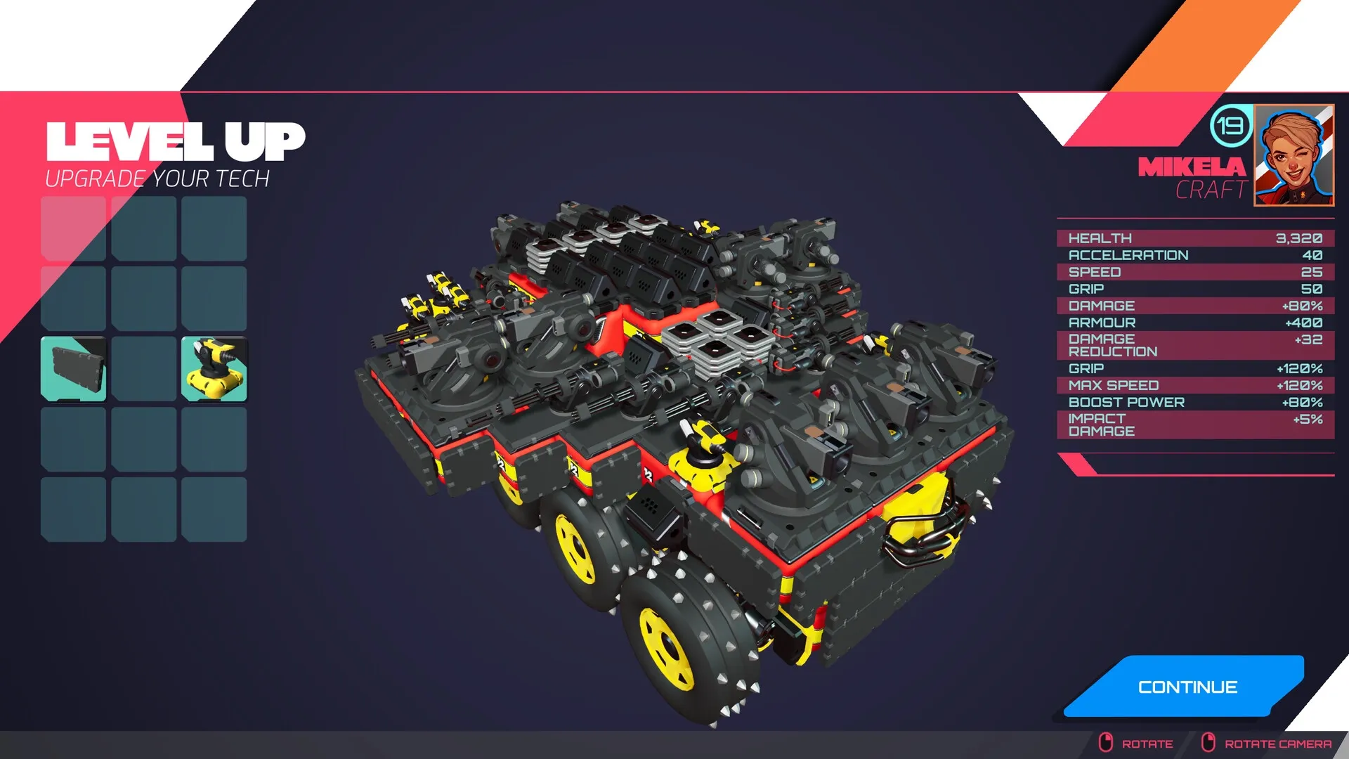 TerraTech Legion: Vehicle upgrade screen with Mikela's stats and tech inventory in futuristic interface