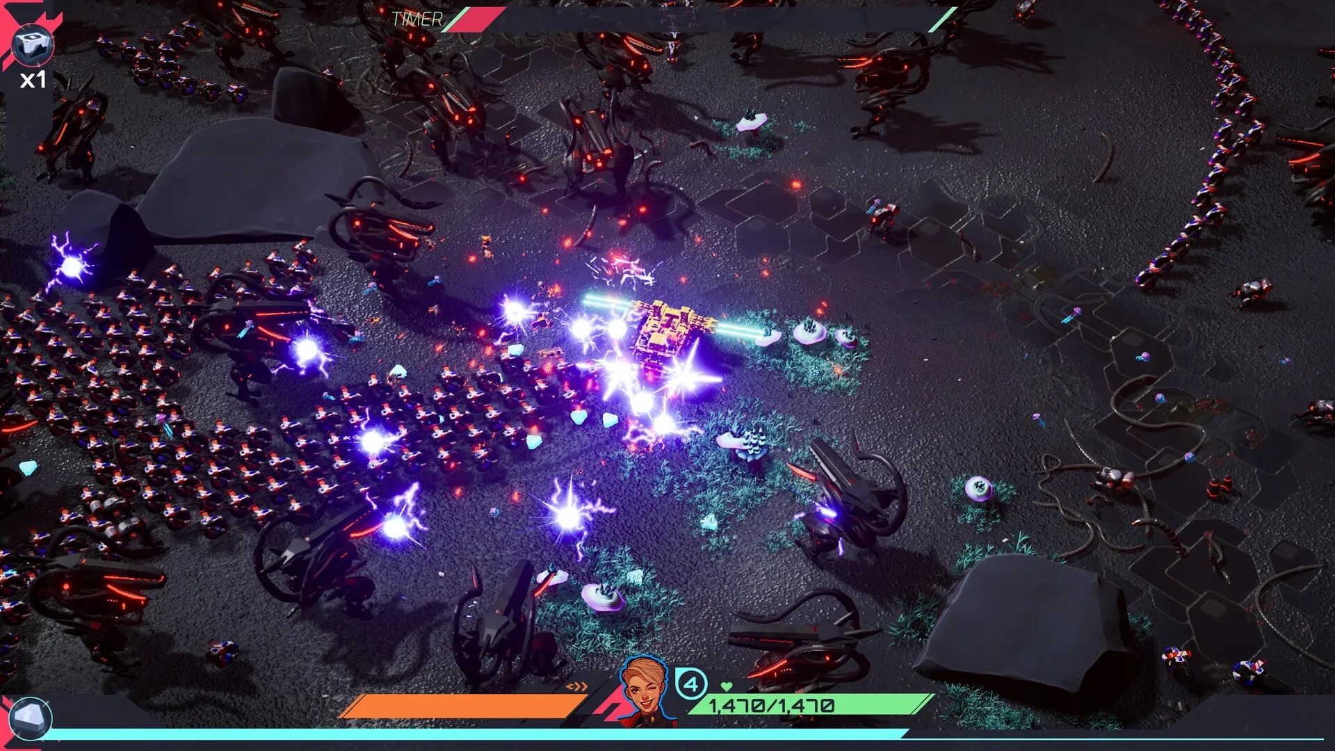 TerraTech Legion: Battle vehicle firing projectiles at robotic foes in a dark, hostile terrain.
