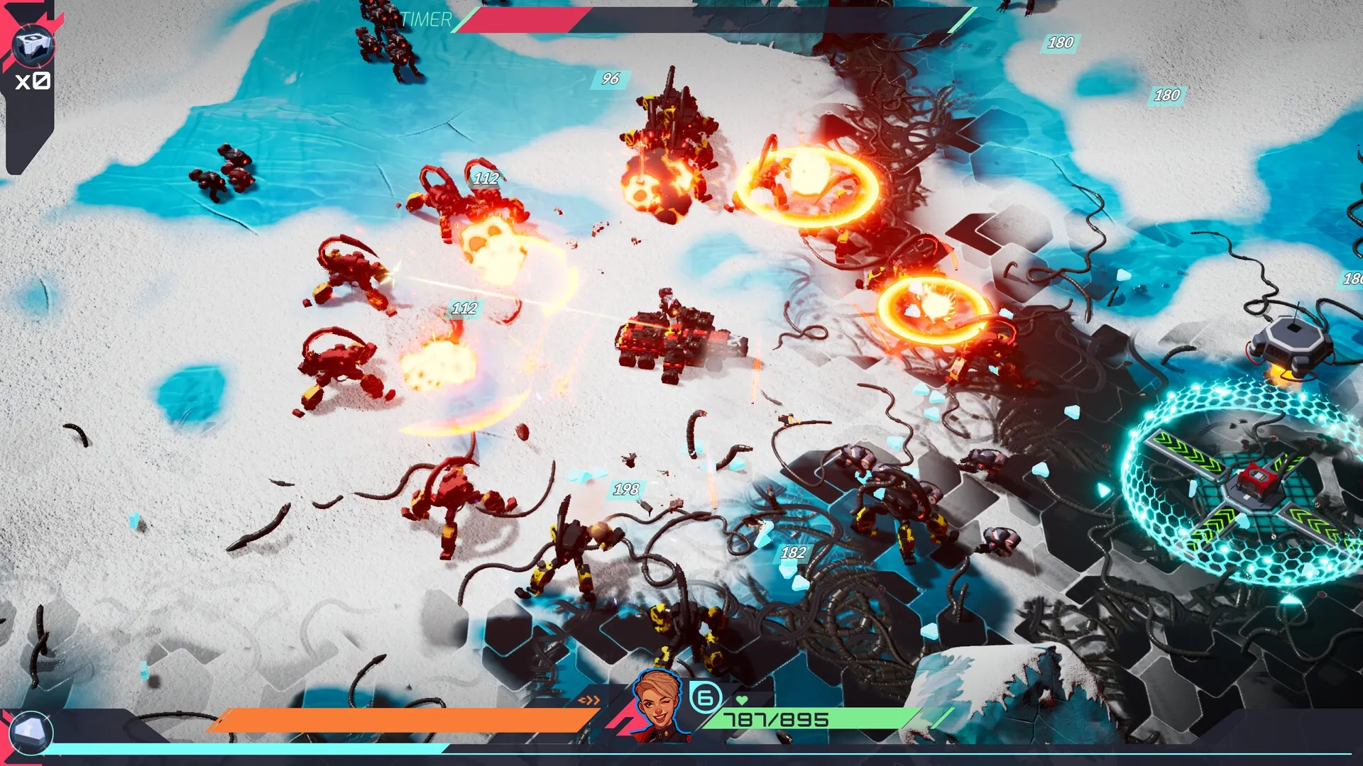 TerraTech Legion: Player vehicle battles robotic foes on icy terrain with explosions and health bar visible