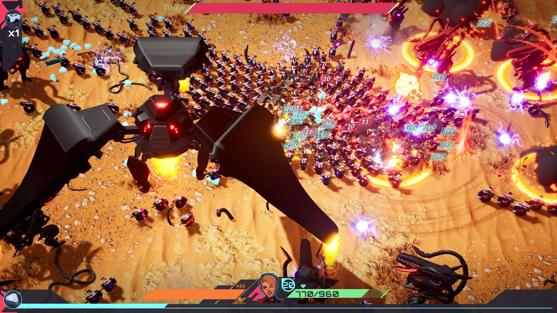 TerraTech Legion: Aerial combat with robotic enemies swarming a desert battlefield, UI displays health.