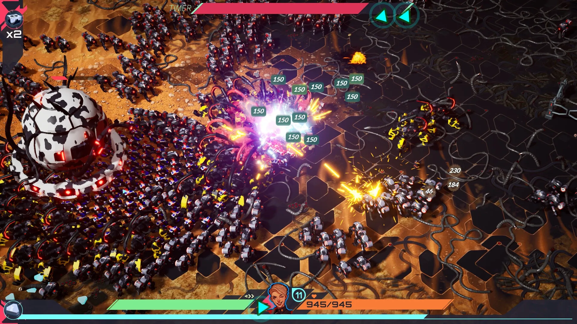 TerraTech Legion: Player's vehicle battling robotic swarm with explosive effects on desert terrain