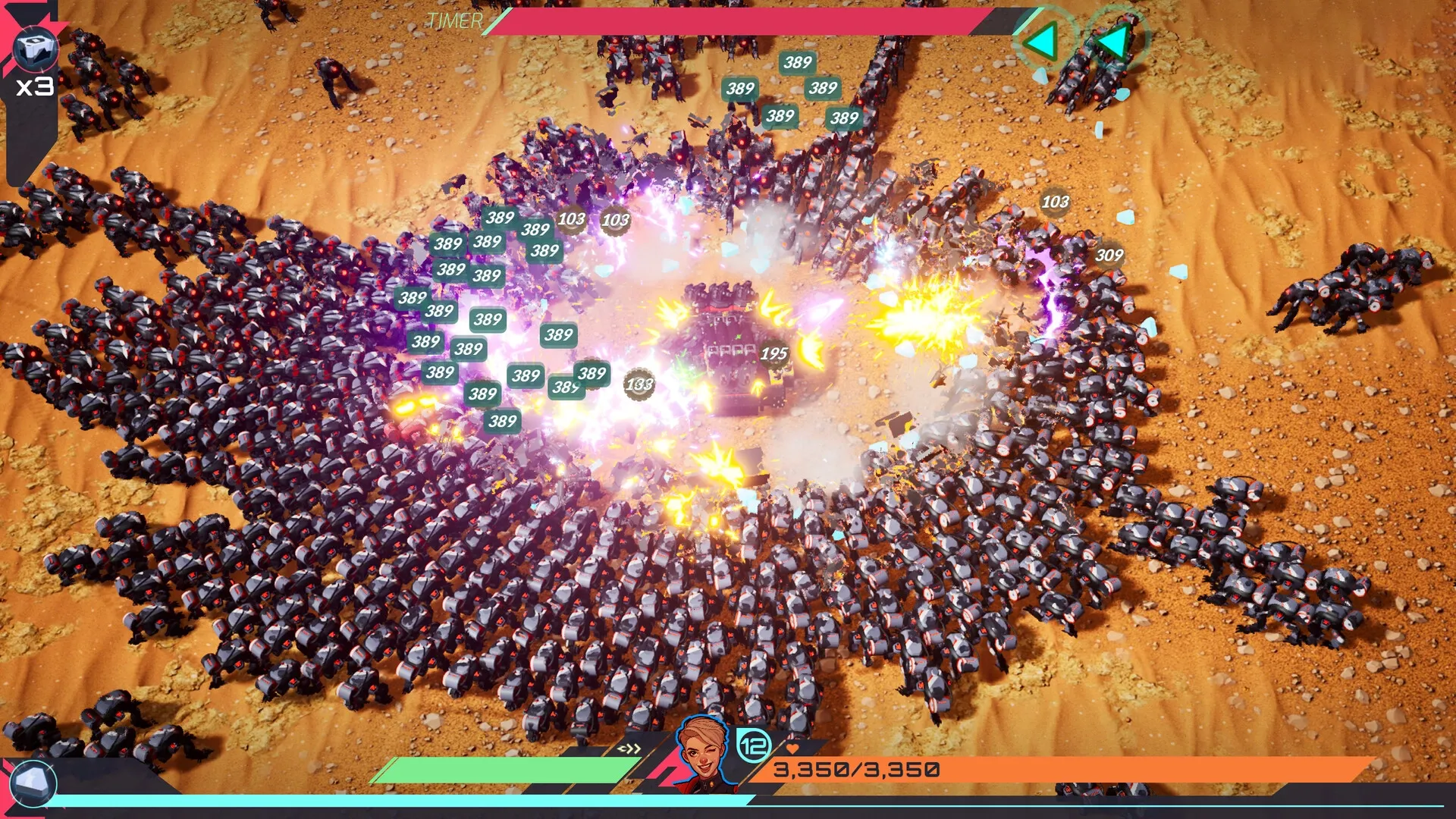 TerraTech Legion: Battle vehicle surrounded by robotic foes on a sandy terrain with health bars visible