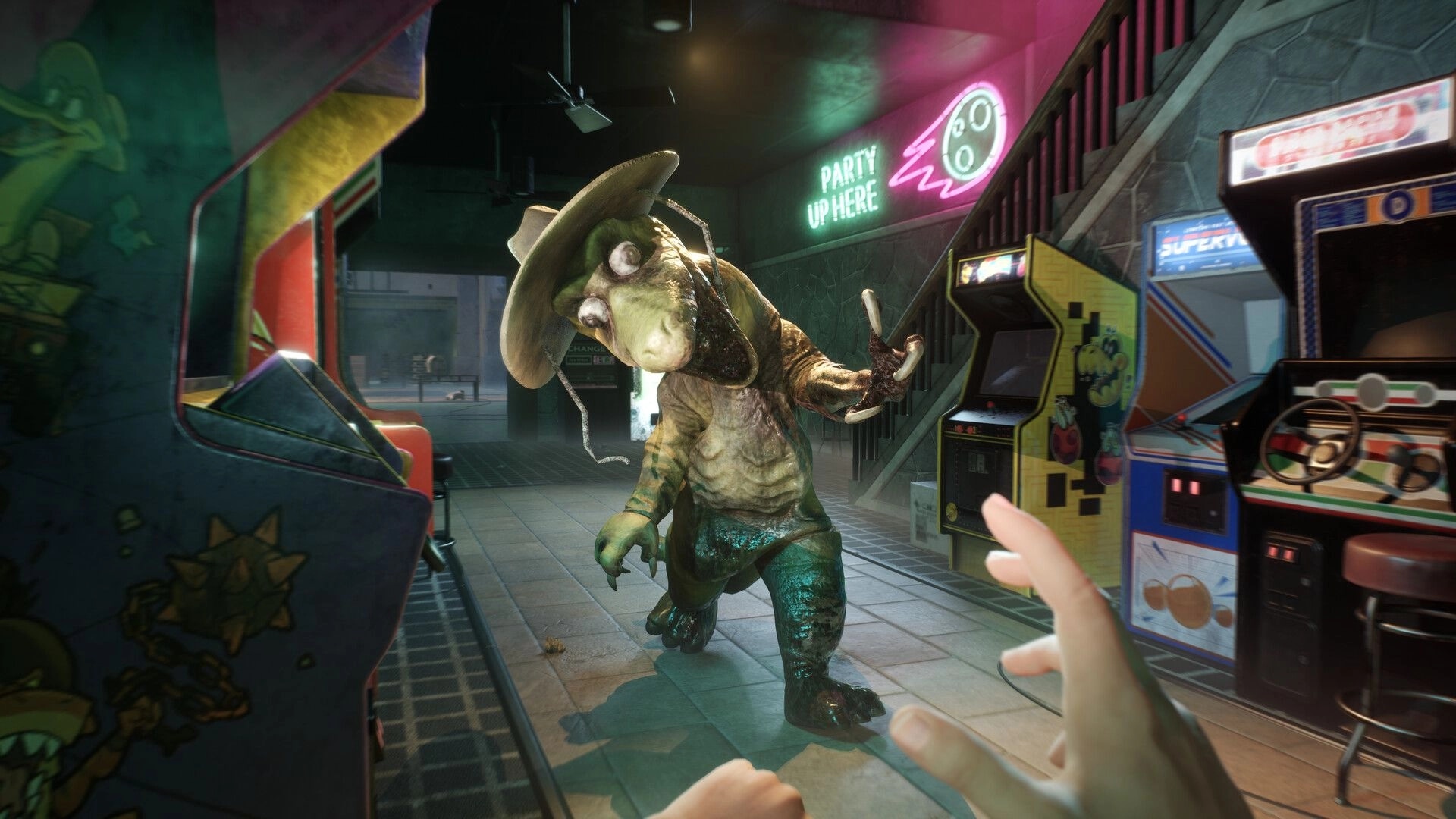 Terrible Lizards: First-person chase by hat-wearing dinosaur in neon-lit arcade with cabinets and stairs.