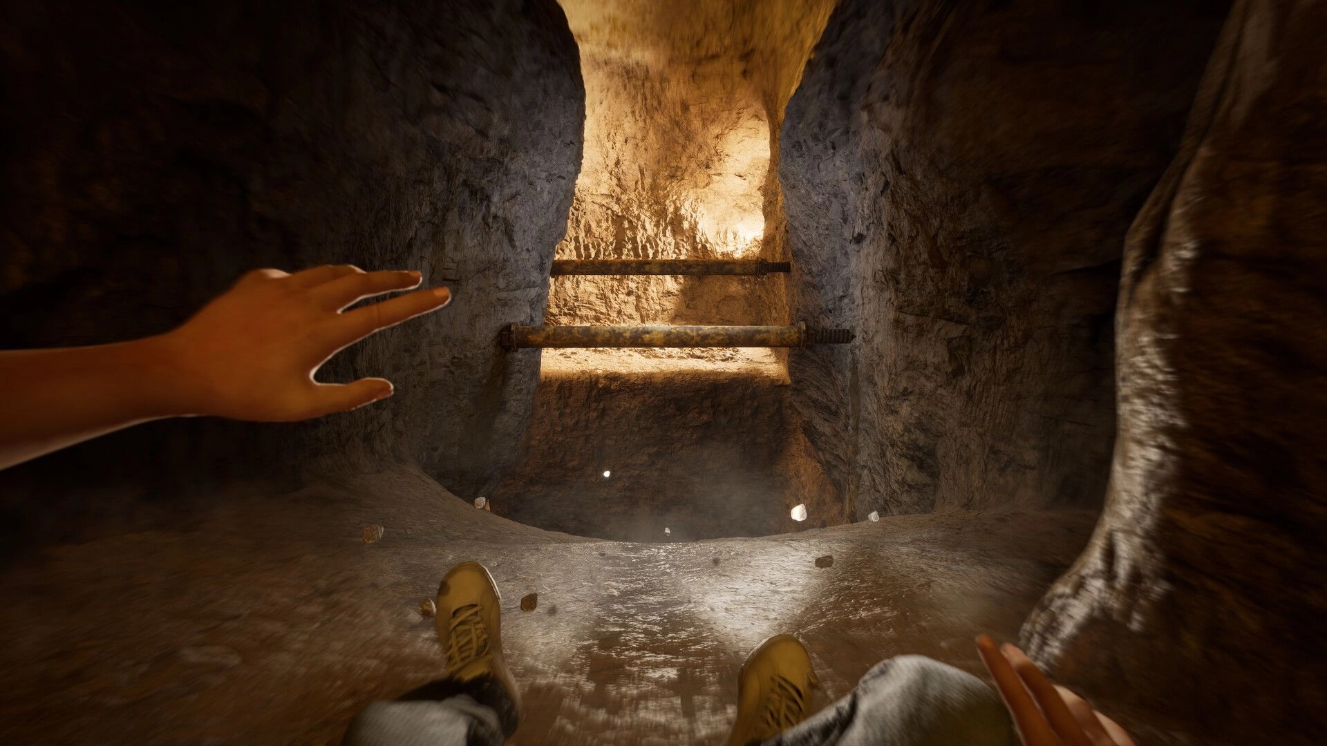 Terrible Lizards: First-person slide into a rocky tunnel with metal bars ahead and dust below.