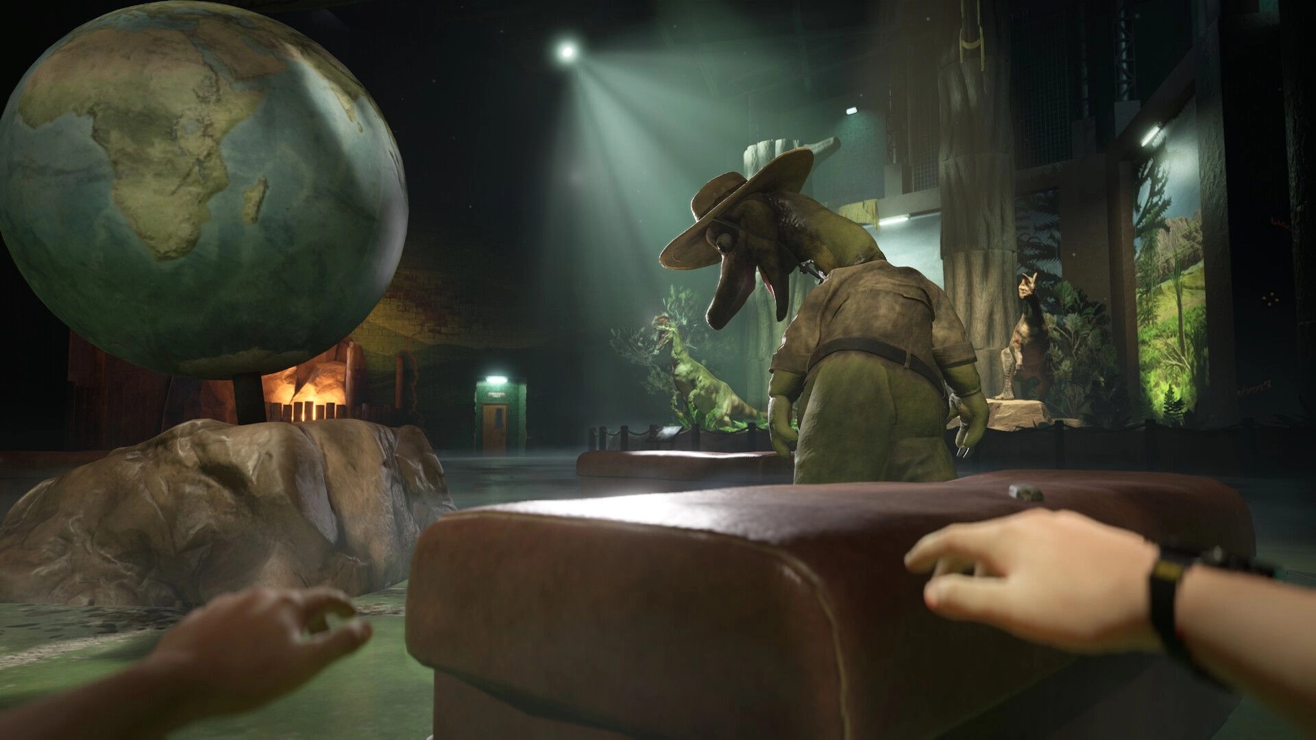 Terrible Lizards: First-person view hiding behind benches in a dim dinosaur museum with globe display.