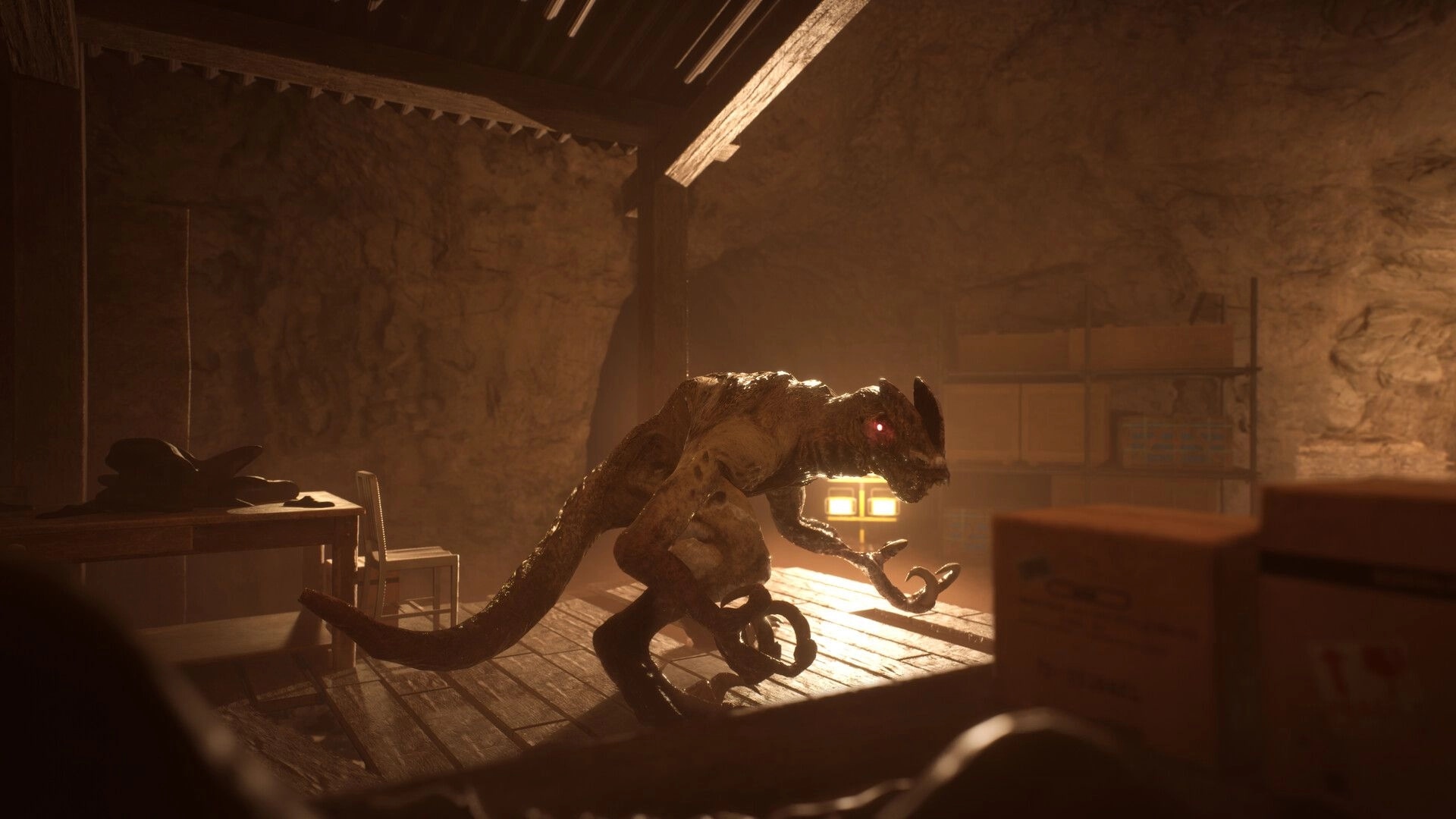 Terrible Lizards: Red-eyed lizard creature crouches on wooden floor inside a dusty cave workshop.