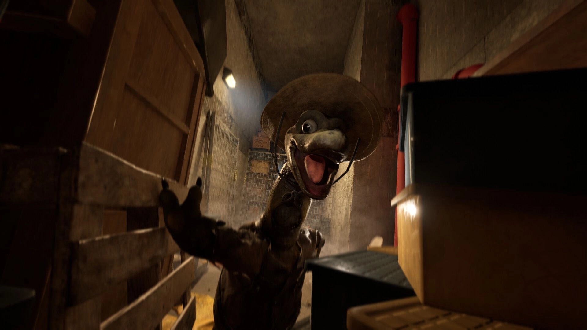 Terrible Lizards: Snarling raptor in a cowboy hat lunges down a cramped, dusty storage hallway.