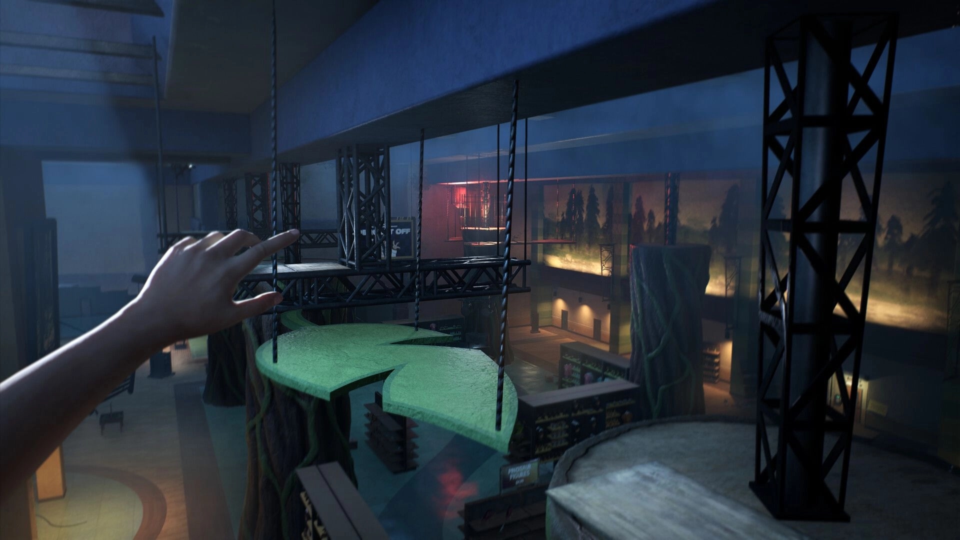 Terrible Lizards: First-person leap toward a hanging scaffold walkway inside a dim dinosaur exhibit hall.
