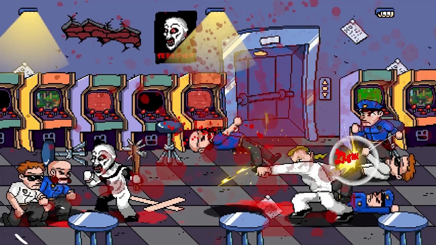 Terrifier: Art the Clown fighting enemies in a bloody arcade with scattered bodies and arcade machines