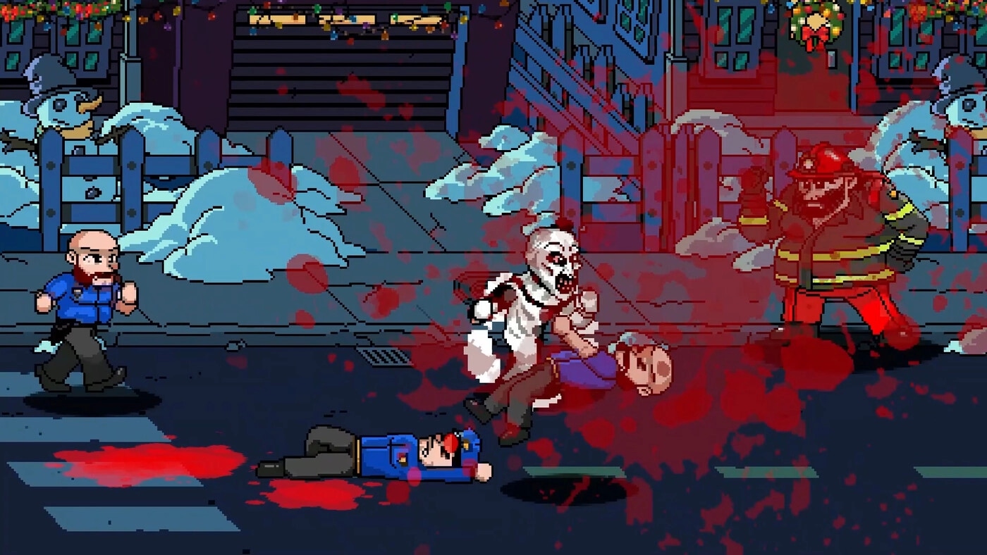 Terrifier: Art the Clown battles enemies in a snowy, blood-soaked street with a fireman approaching