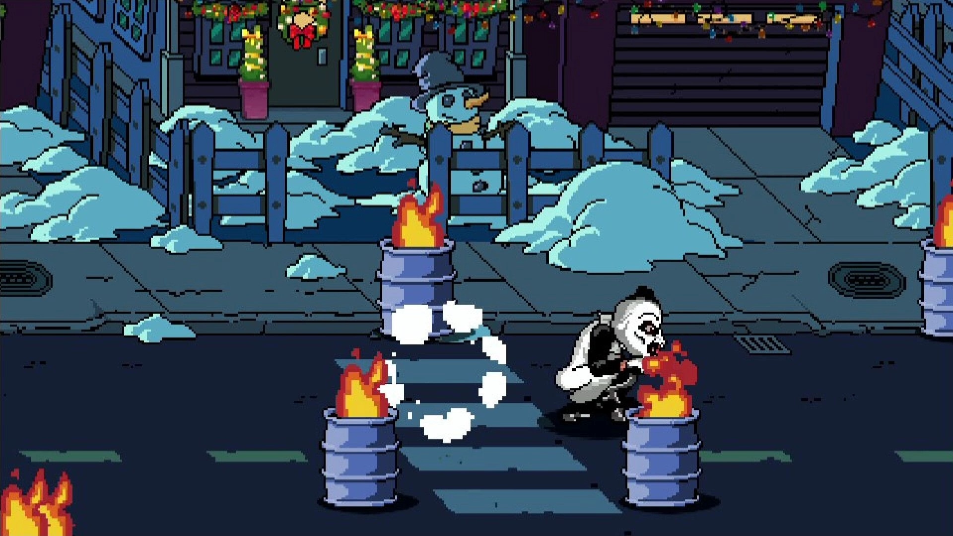 Terrifier: Art the Clown dodges flaming barrels on a snowy urban street with holiday decorations