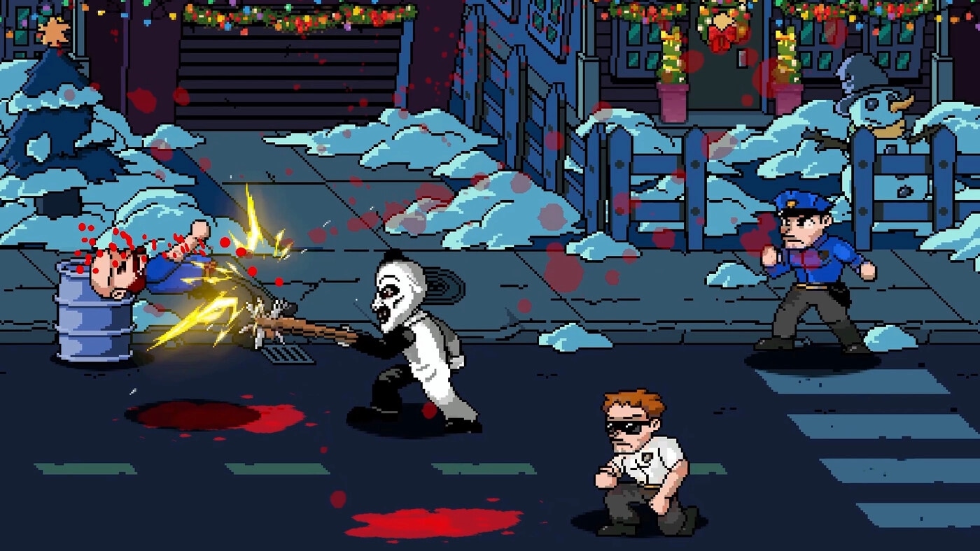 Terrifier: Art the Clown attacks with a spiked bat on snowy street, blood splatters around him