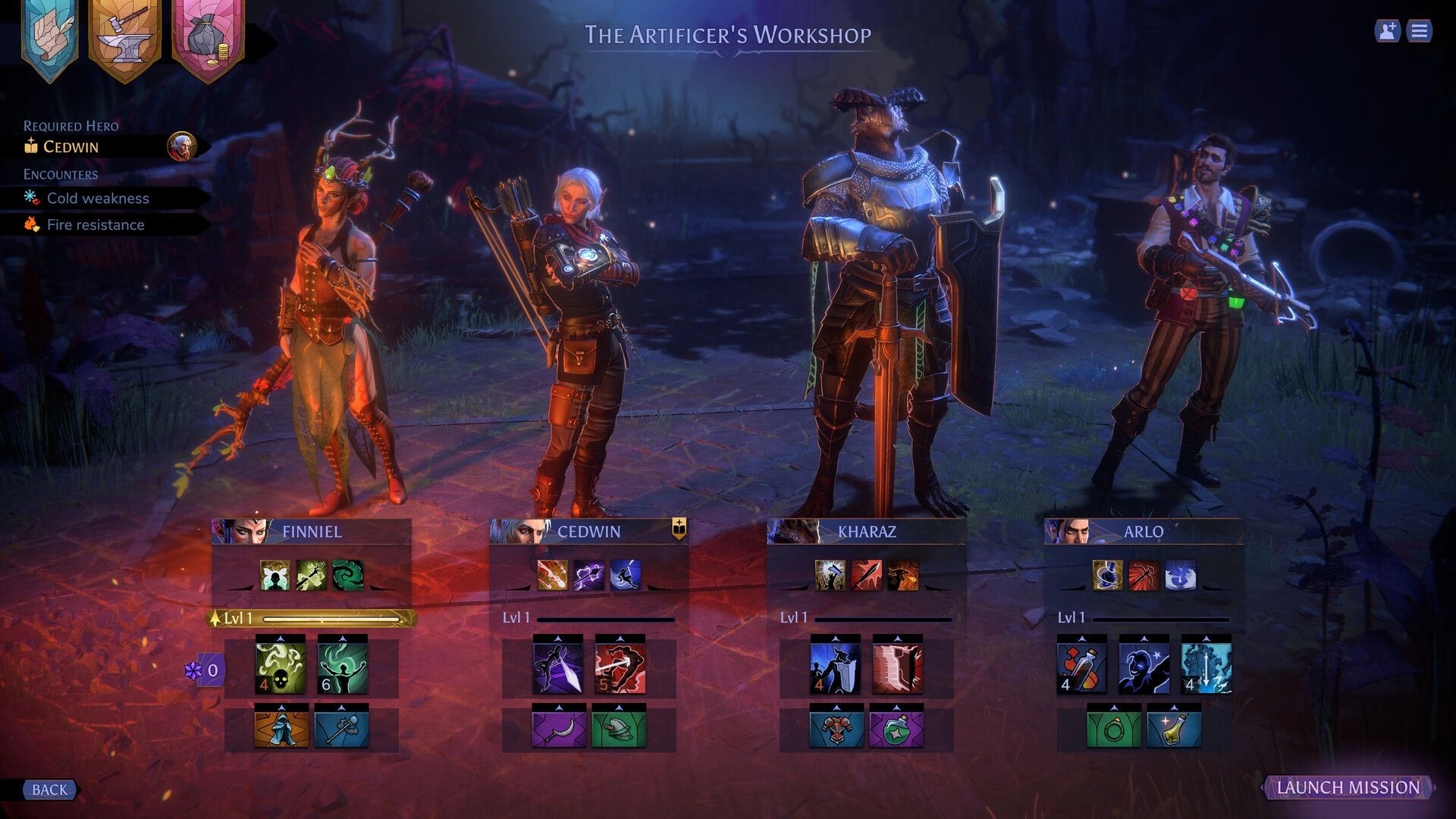 Terrinoth®: Party selection with Einniel, Cedwin, Kharaz, Arlo at the Artificer's Workshop hub.
