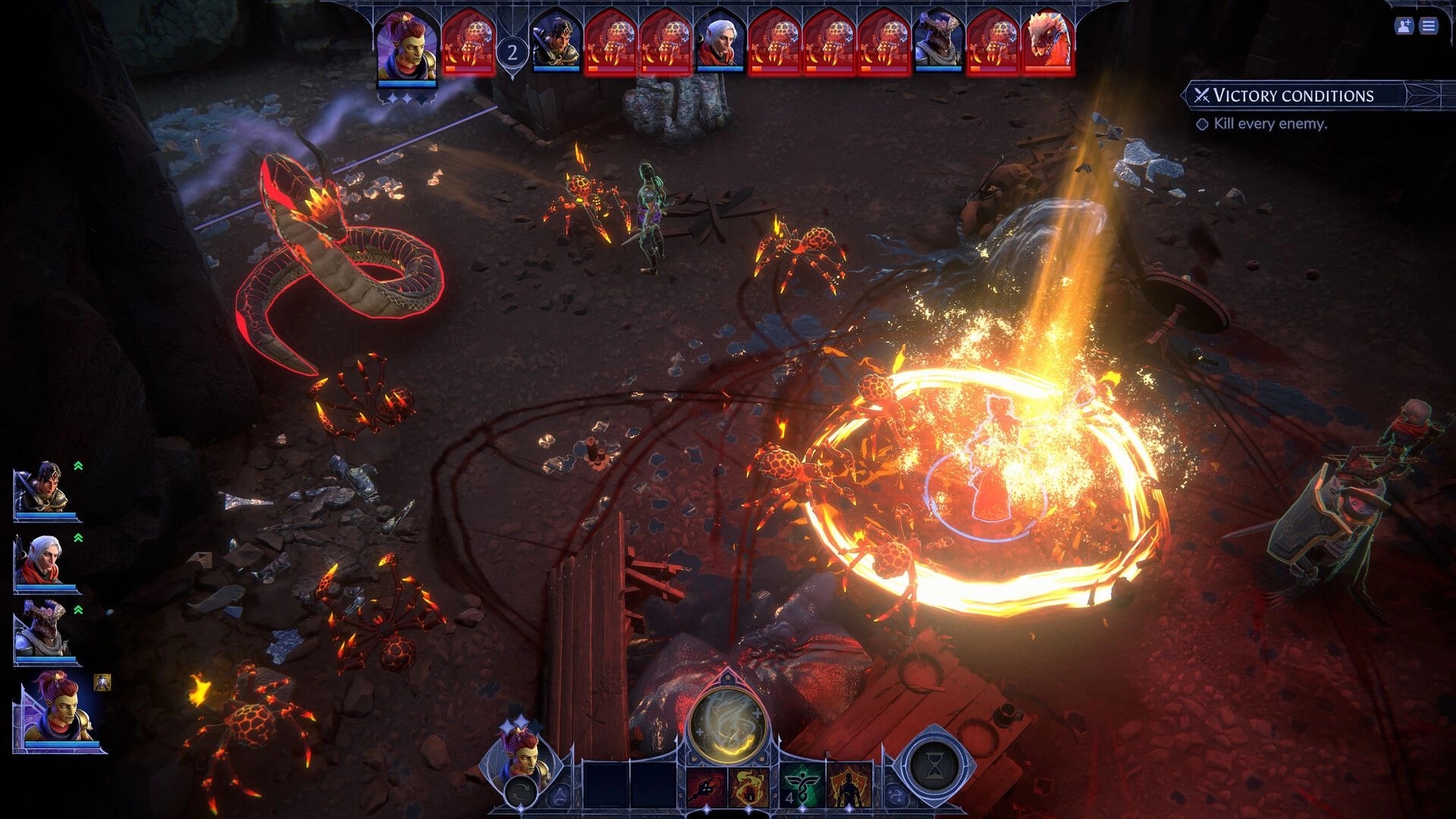 Terrinoth®: Turn-based battle UI with heroes facing lava spiders in a fiery cavern arena.