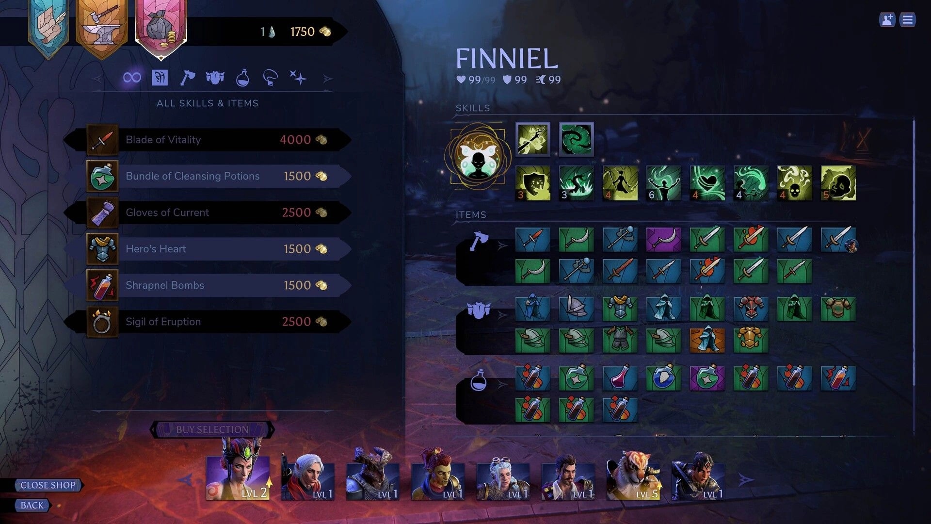 Terrinoth®: Finniel skills and item grid with shop list and prices over a dim camp backdrop.