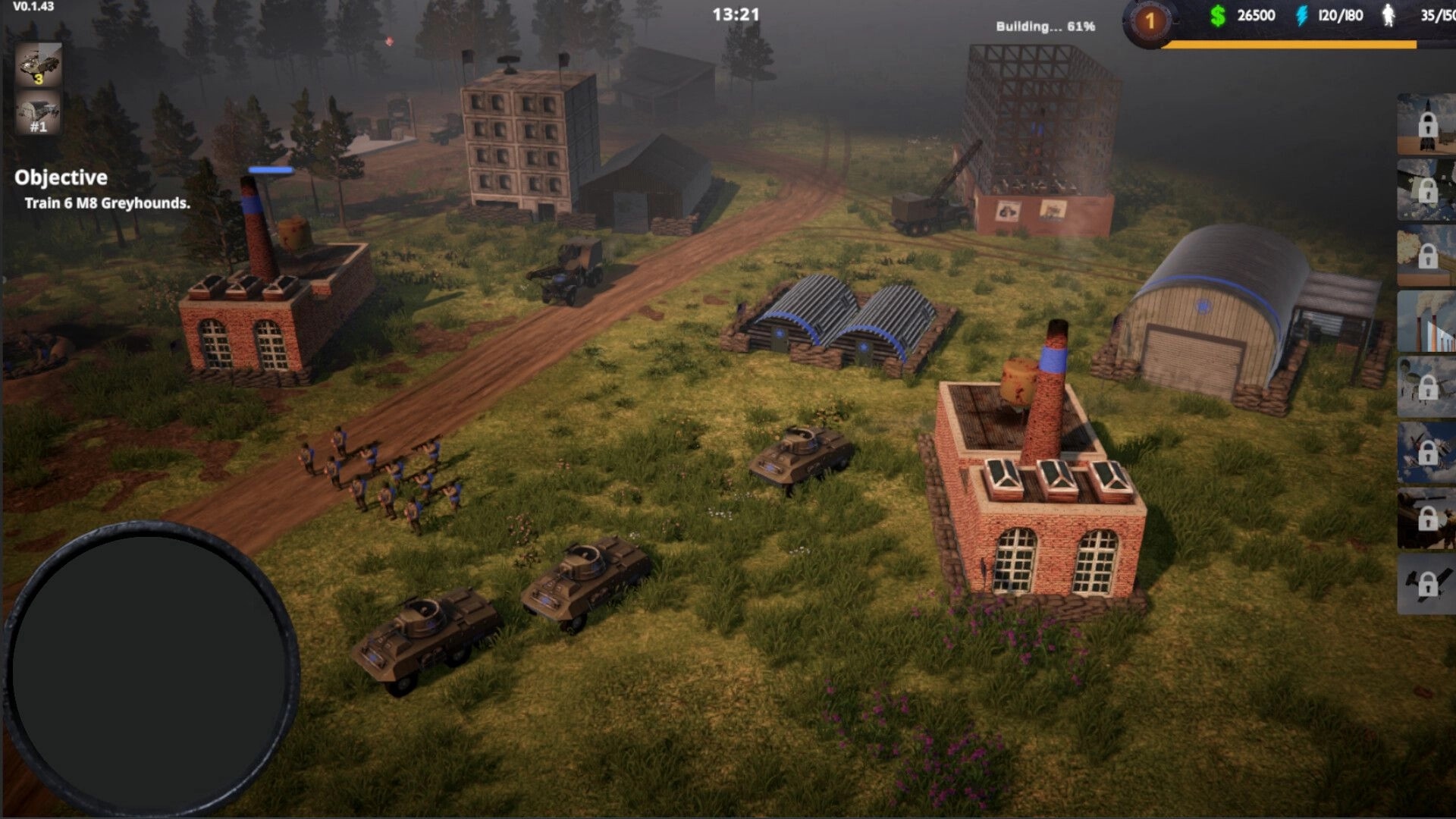 Terrors of War: Base overview with barracks, factories and tanks, objective to train M8 Greyhounds.