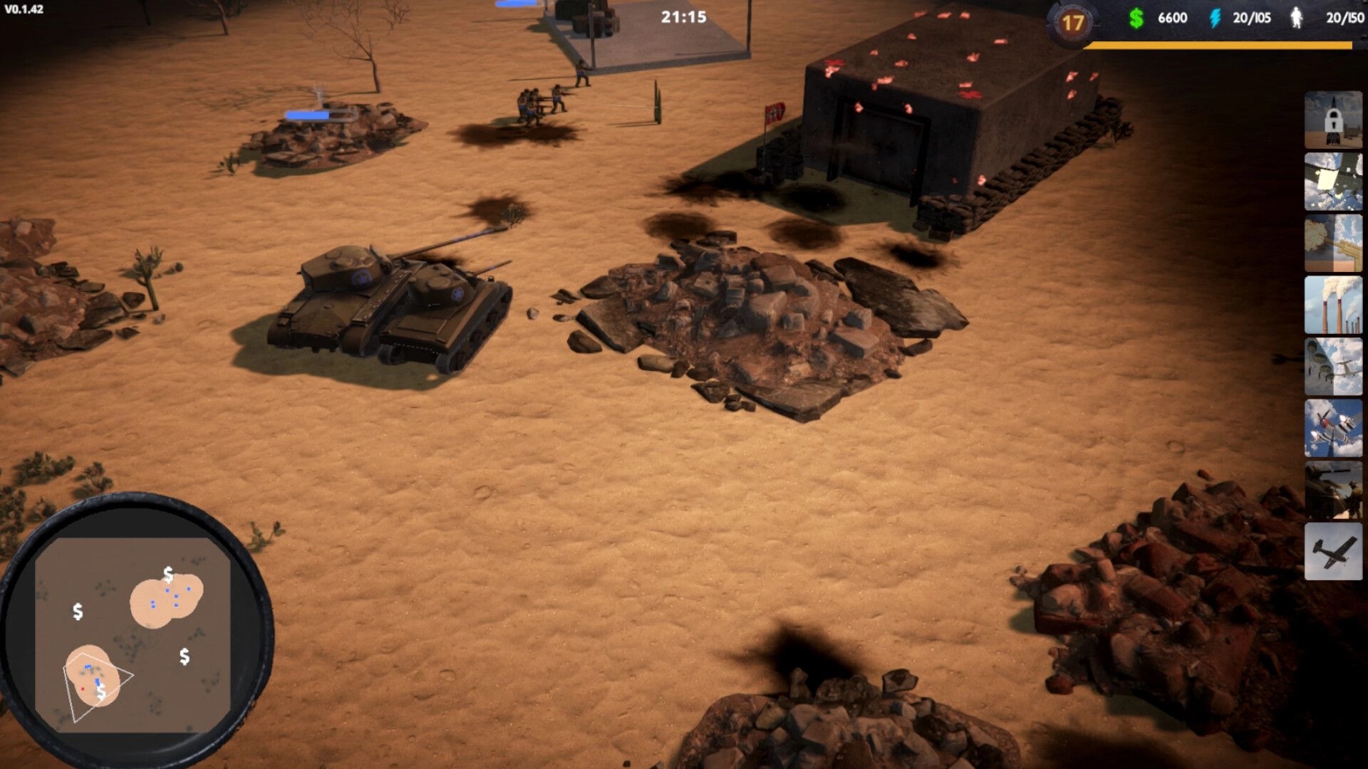Terrors of War: Tank and infantry near a depot in desert base, with minimap and build icons UI.