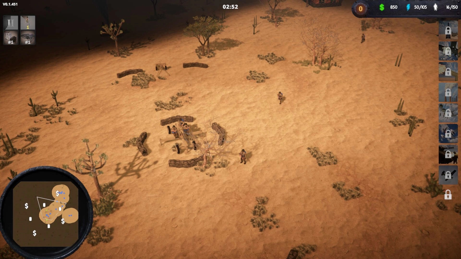 Terrors of War: Squad near sandbag trenches on desert map with minimap, timer, and resources UI.